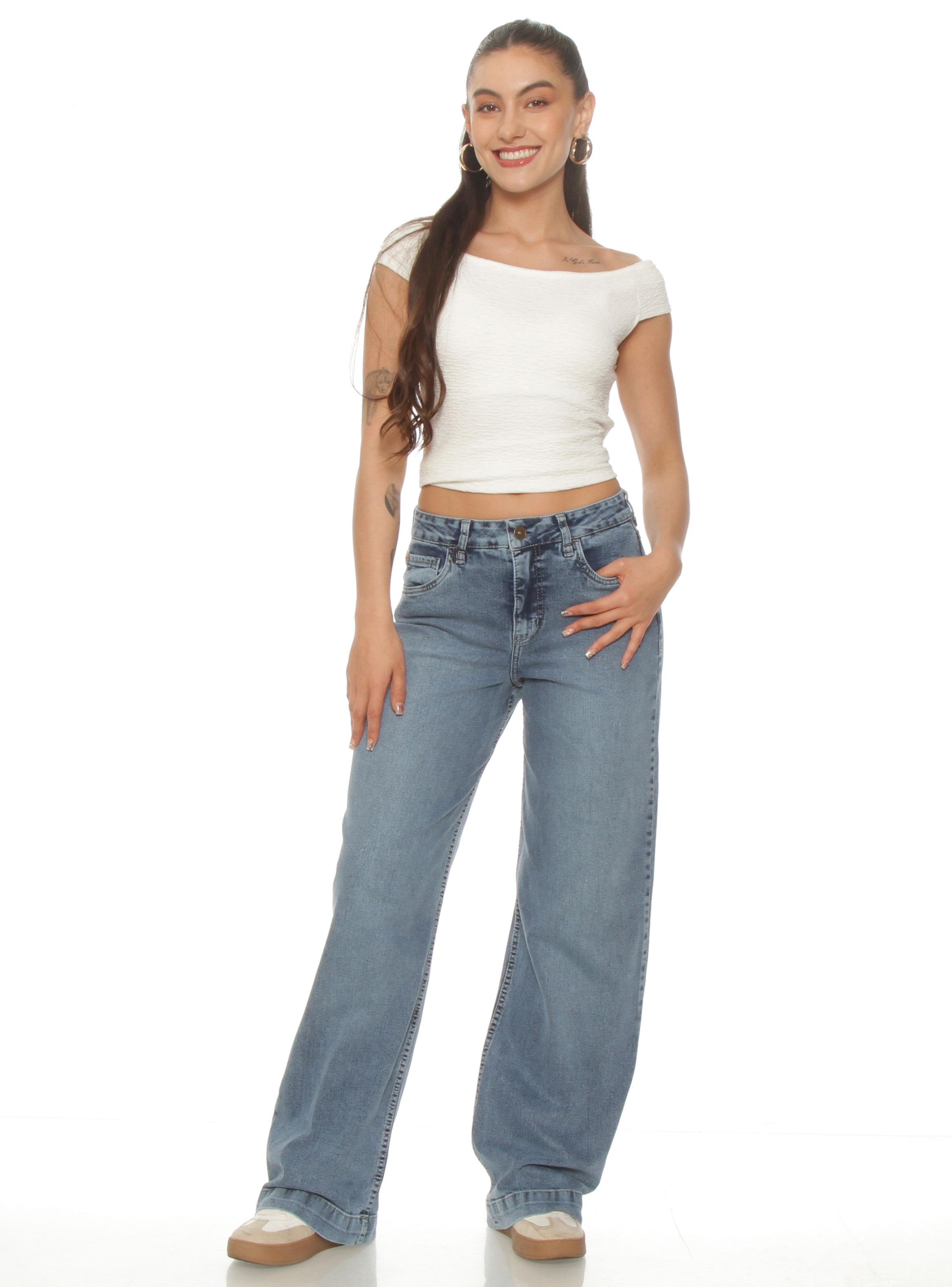 Jeans Wide Leg Tiro Alto Pretina Básica con Botón-3