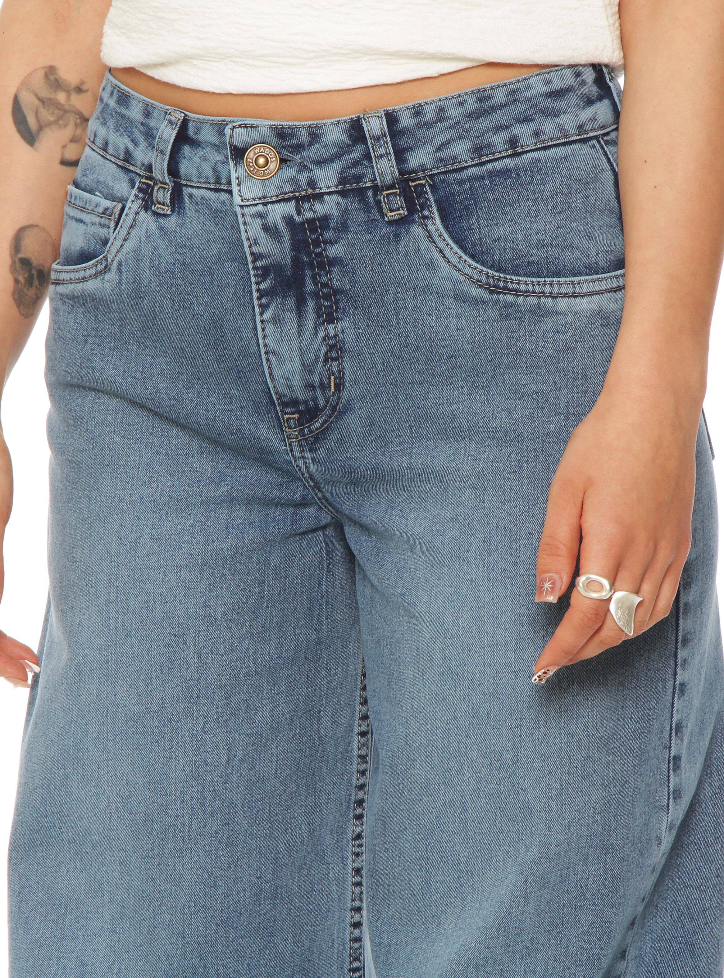 Jeans Wide Leg Tiro Alto Pretina Básica con Botón-2