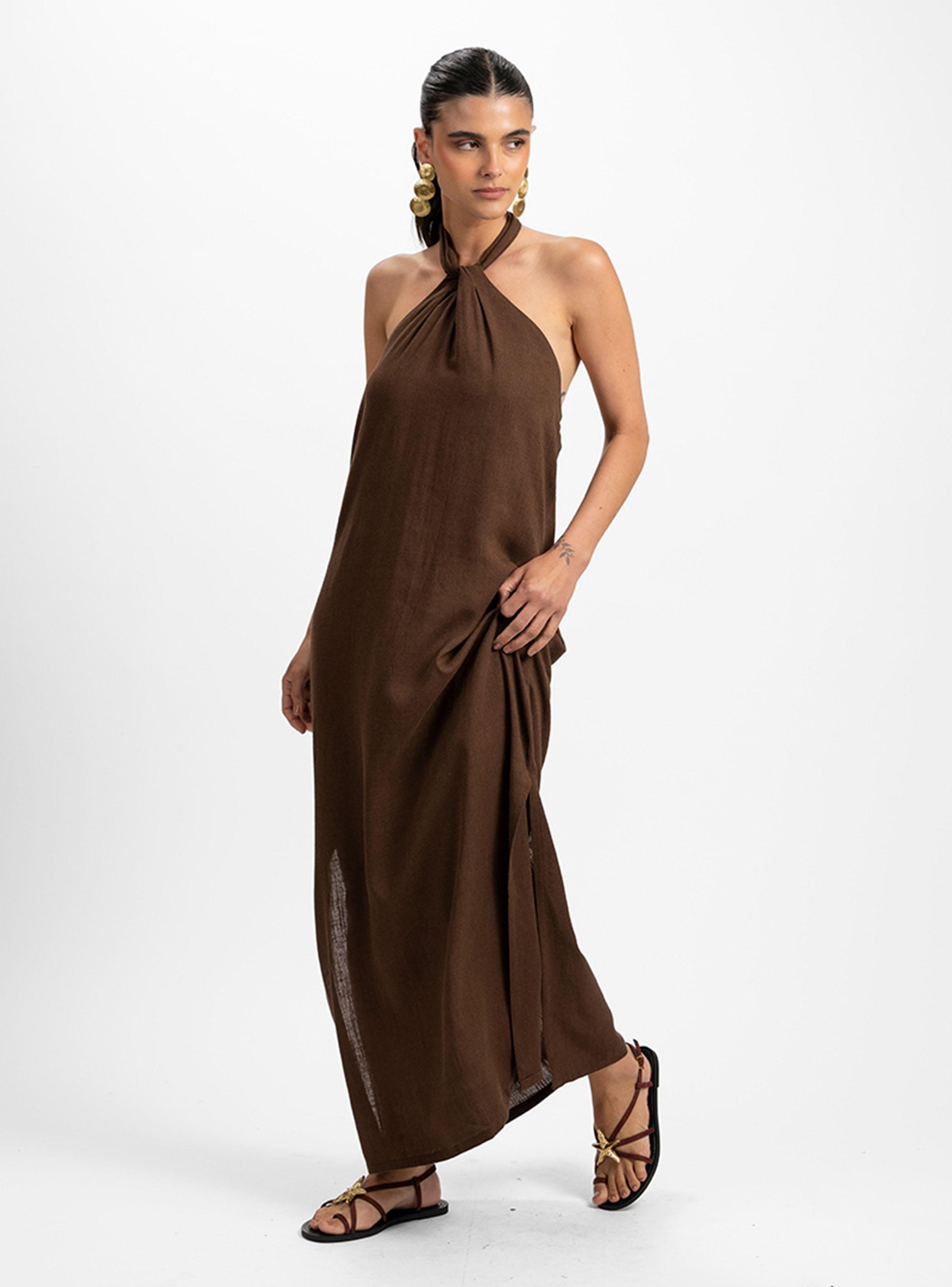 Vestido Lino Largo Marga Café-2