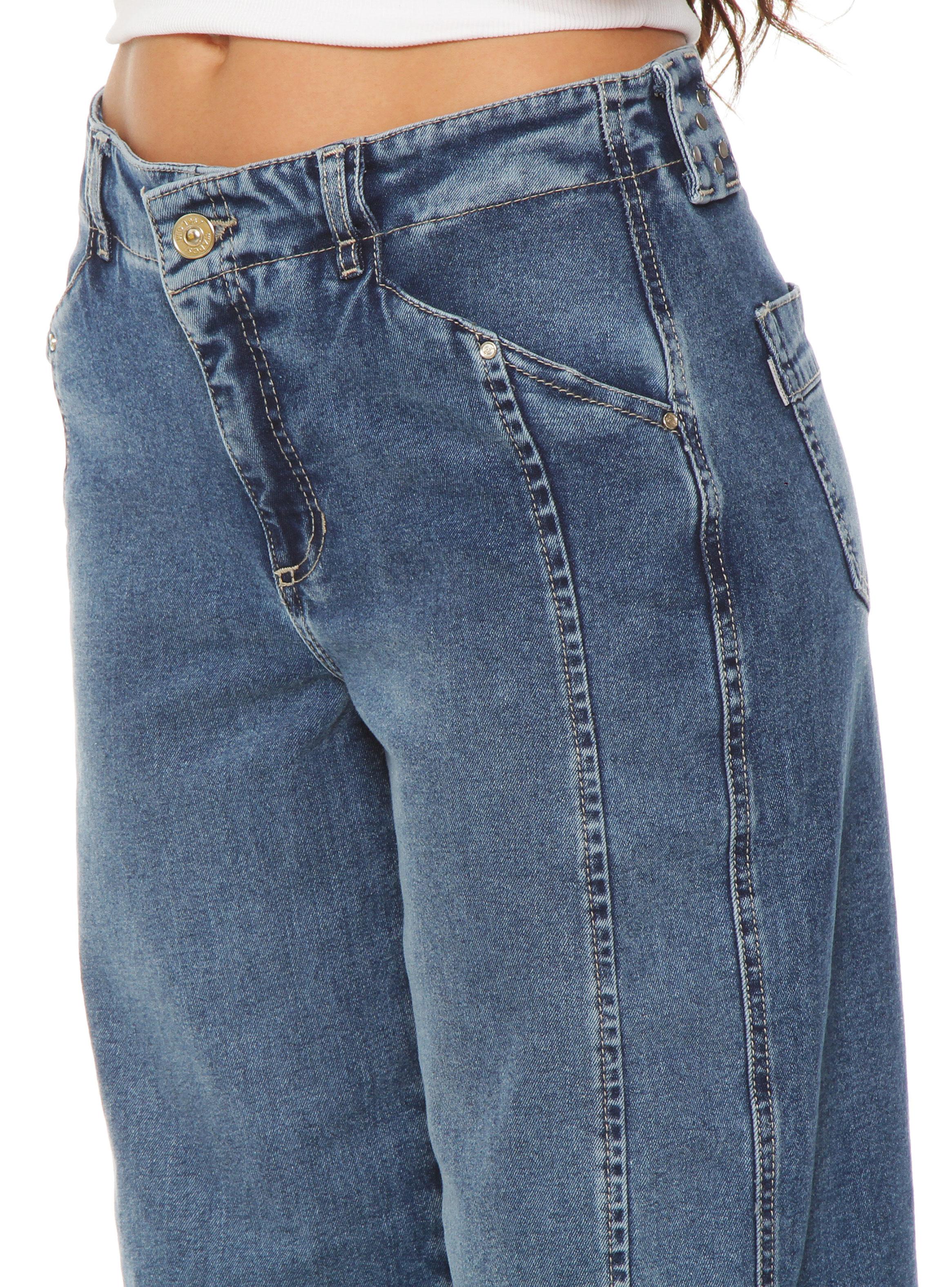 Jeans Crop Tiro Alto Pretina Interna 1 Botón Lazo Denim-2