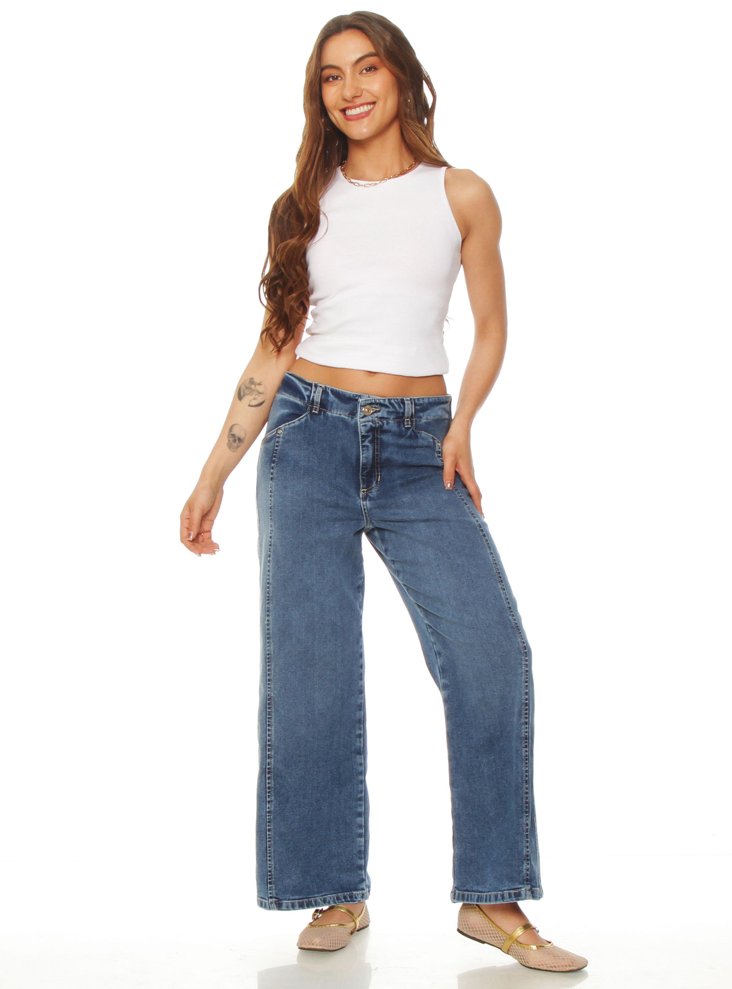 Jeans Crop Tiro Alto Pretina Interna 1 Botón Lazo Denim-3
