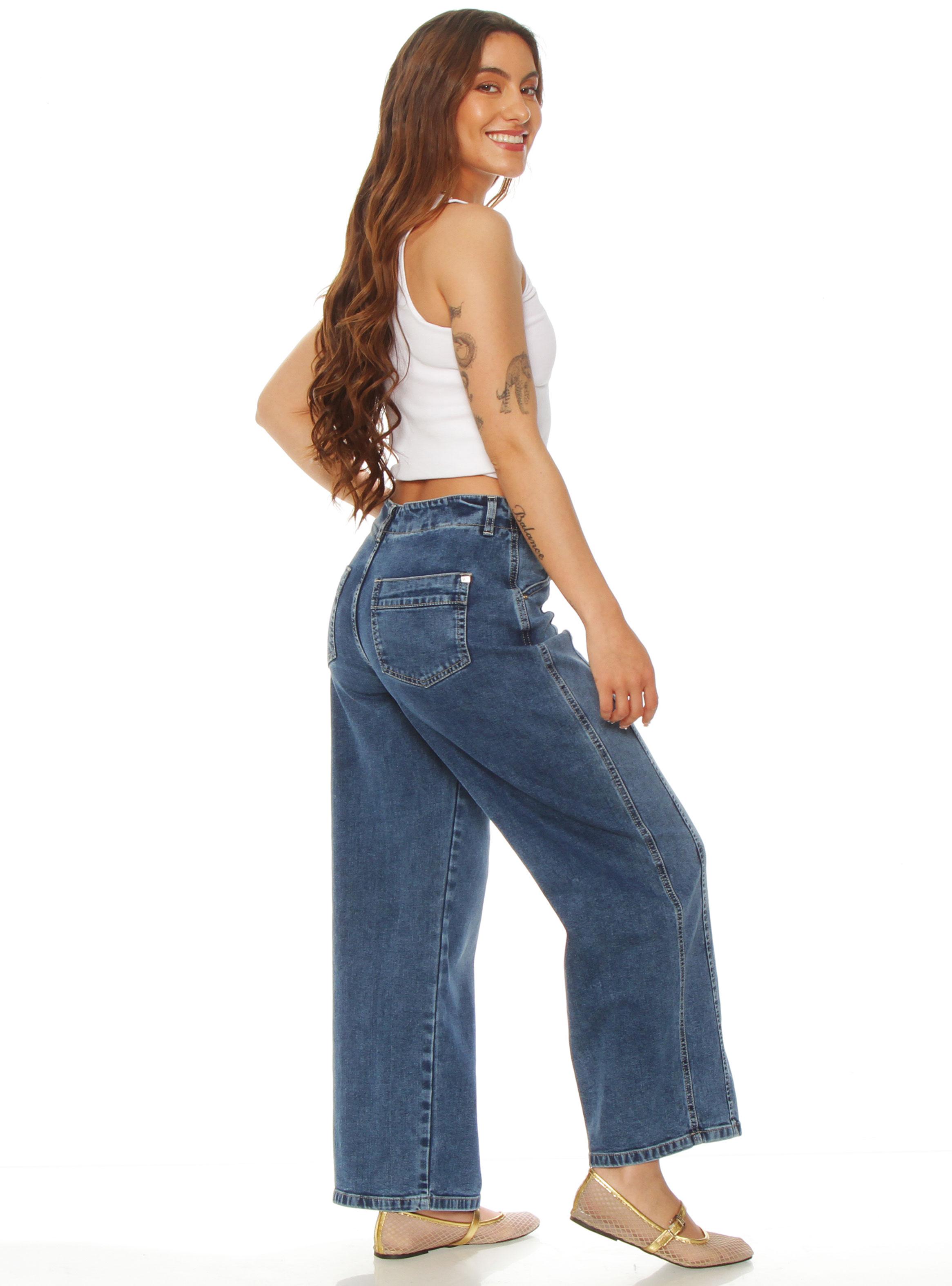 Jeans Crop Tiro Alto Pretina Interna 1 Botón Lazo Denim-4