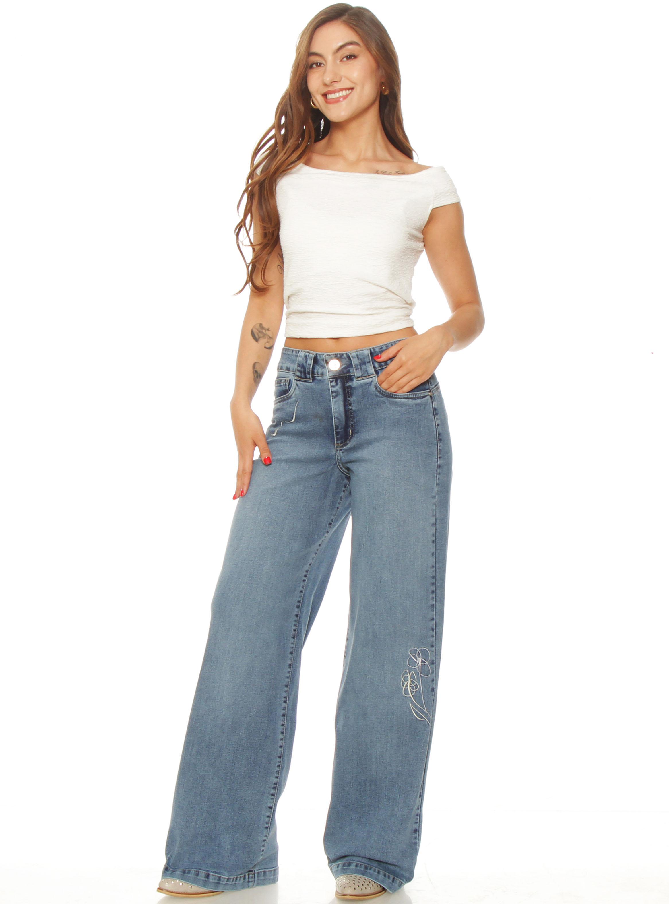 Jeans Wide Leg Tiro Alto Pretina Básica 1 Botón Bordado-3