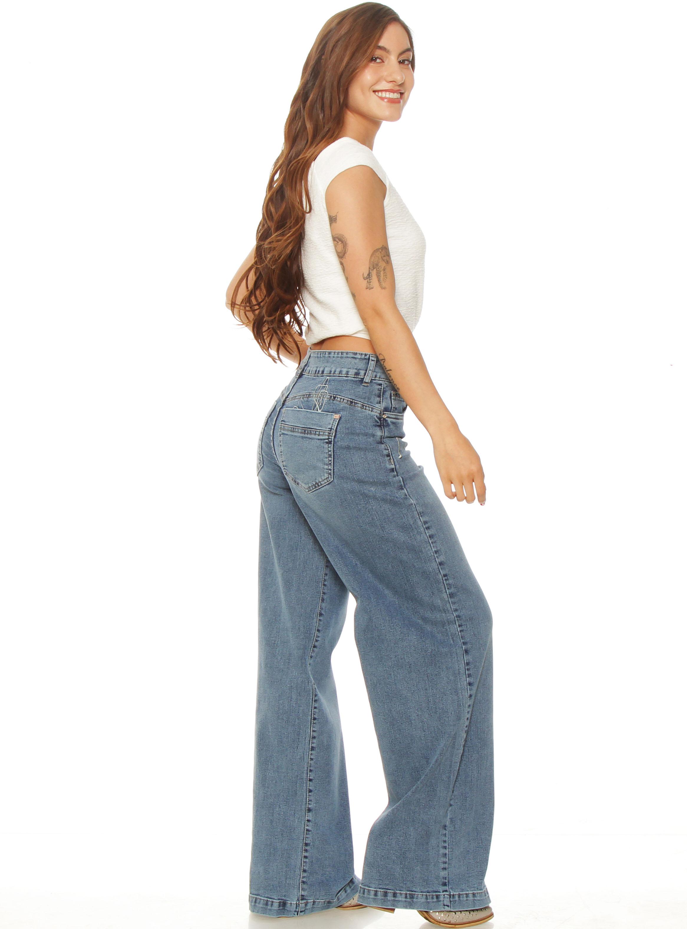Jeans Wide Leg Tiro Alto Pretina Básica 1 Botón Bordado-4