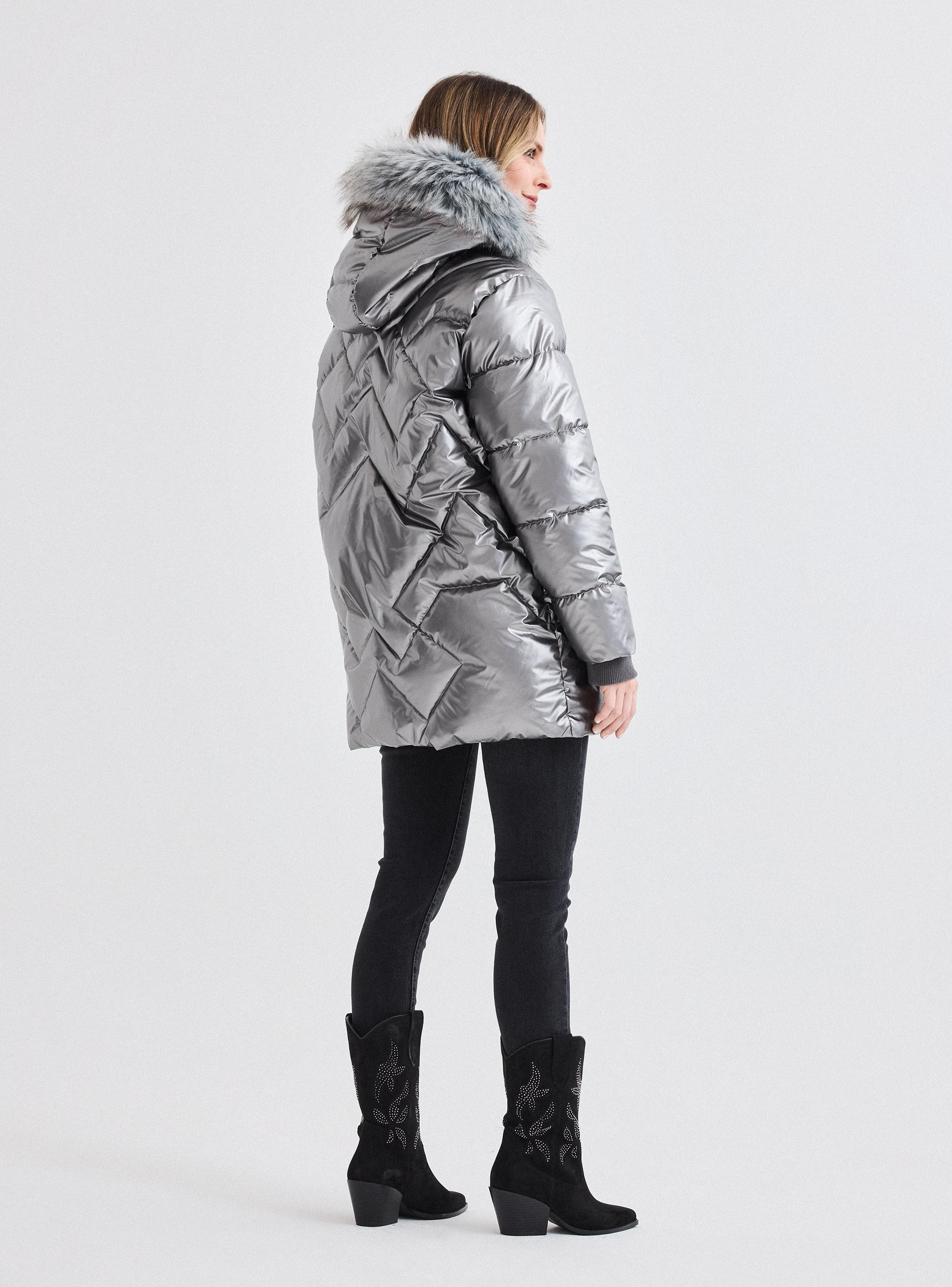 Parka Larga Metalizada con Cuello de Piel-5