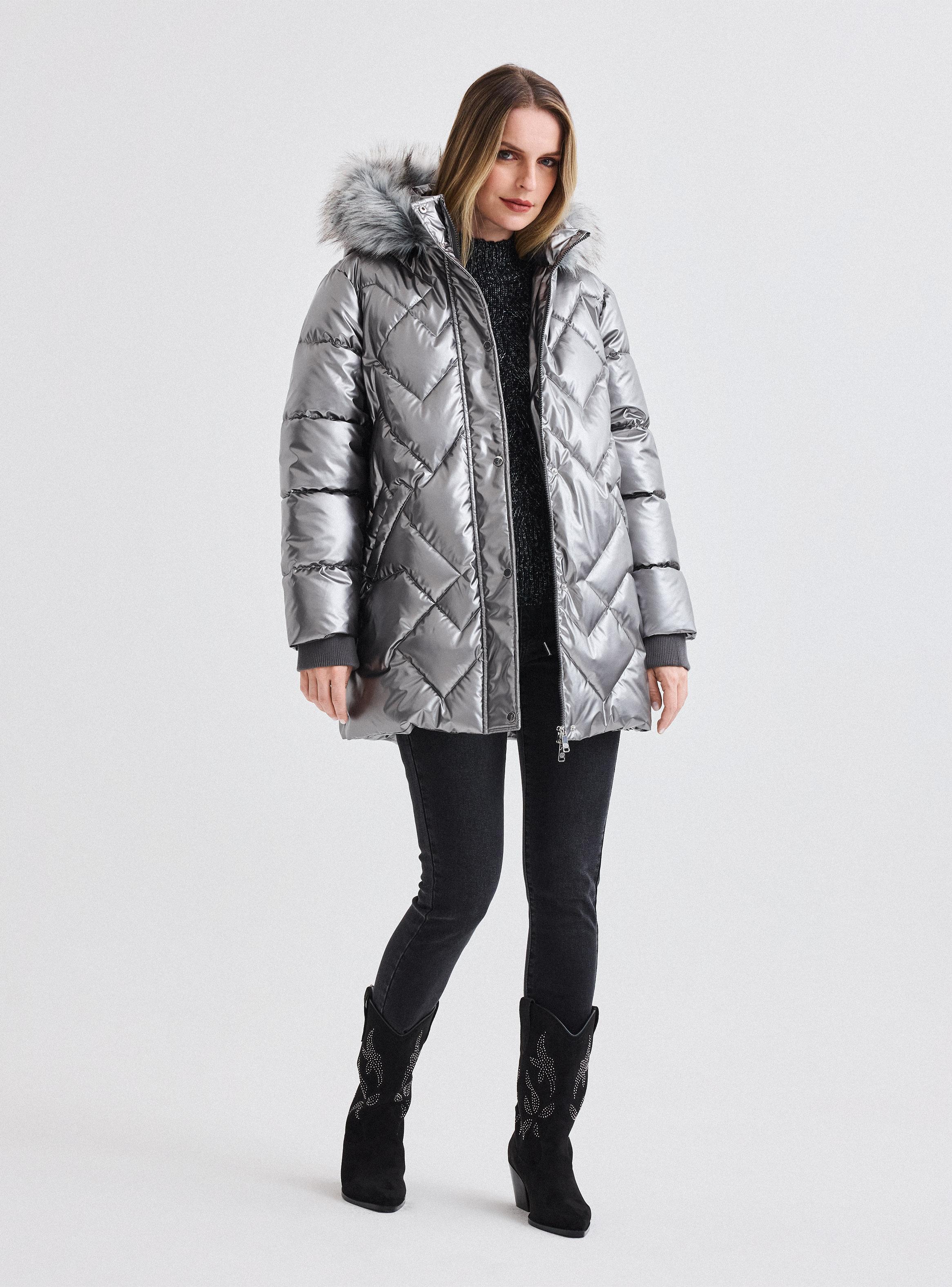 Parka Larga Metalizada con Cuello de Piel-4