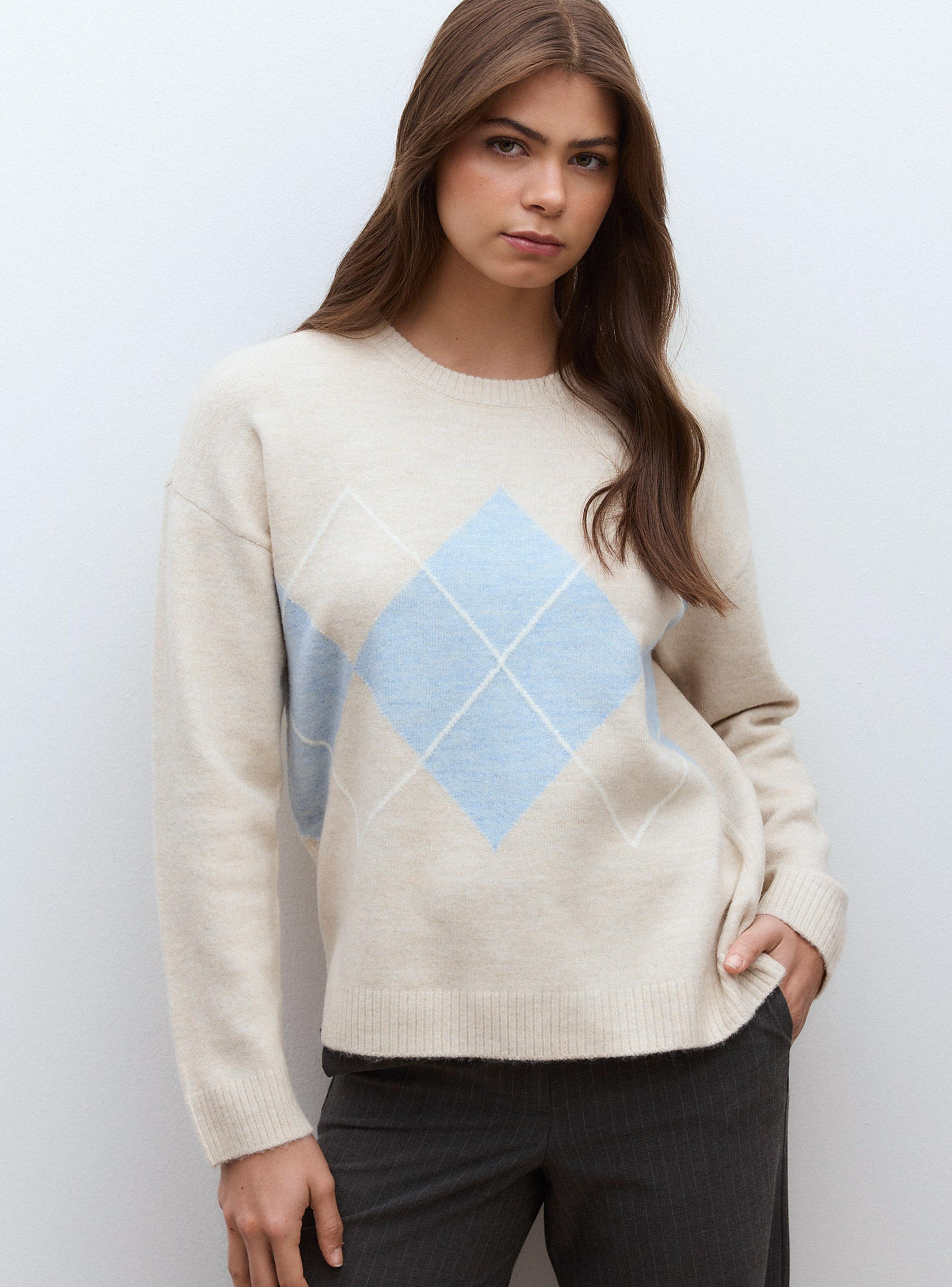 Sweater Holgado con Escote Redondo y Diseño de Rombos-3