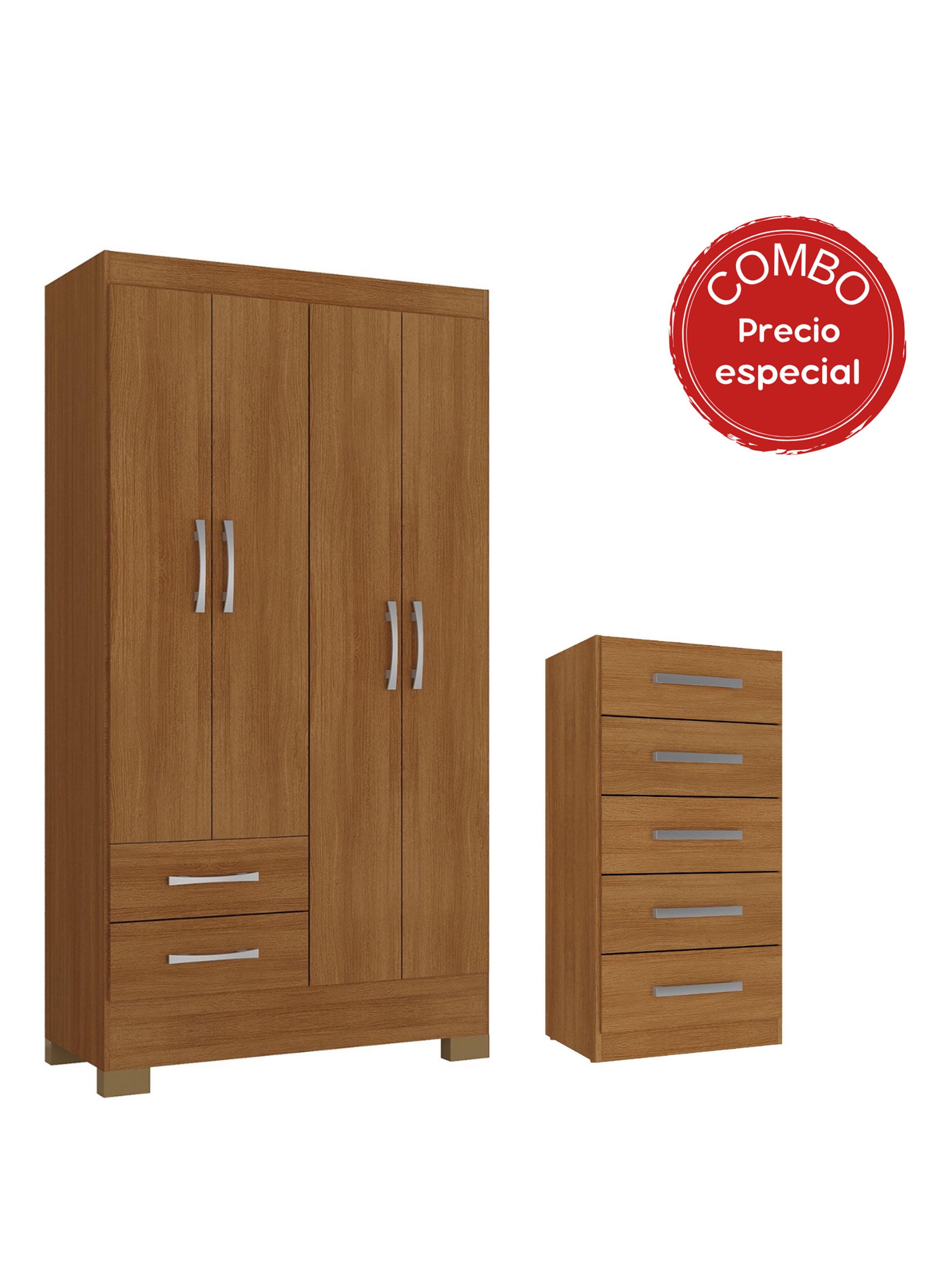 Combo Clóset de 4 Puertas 2 Cajones + Cómoda de 5 Cajones Canela-2