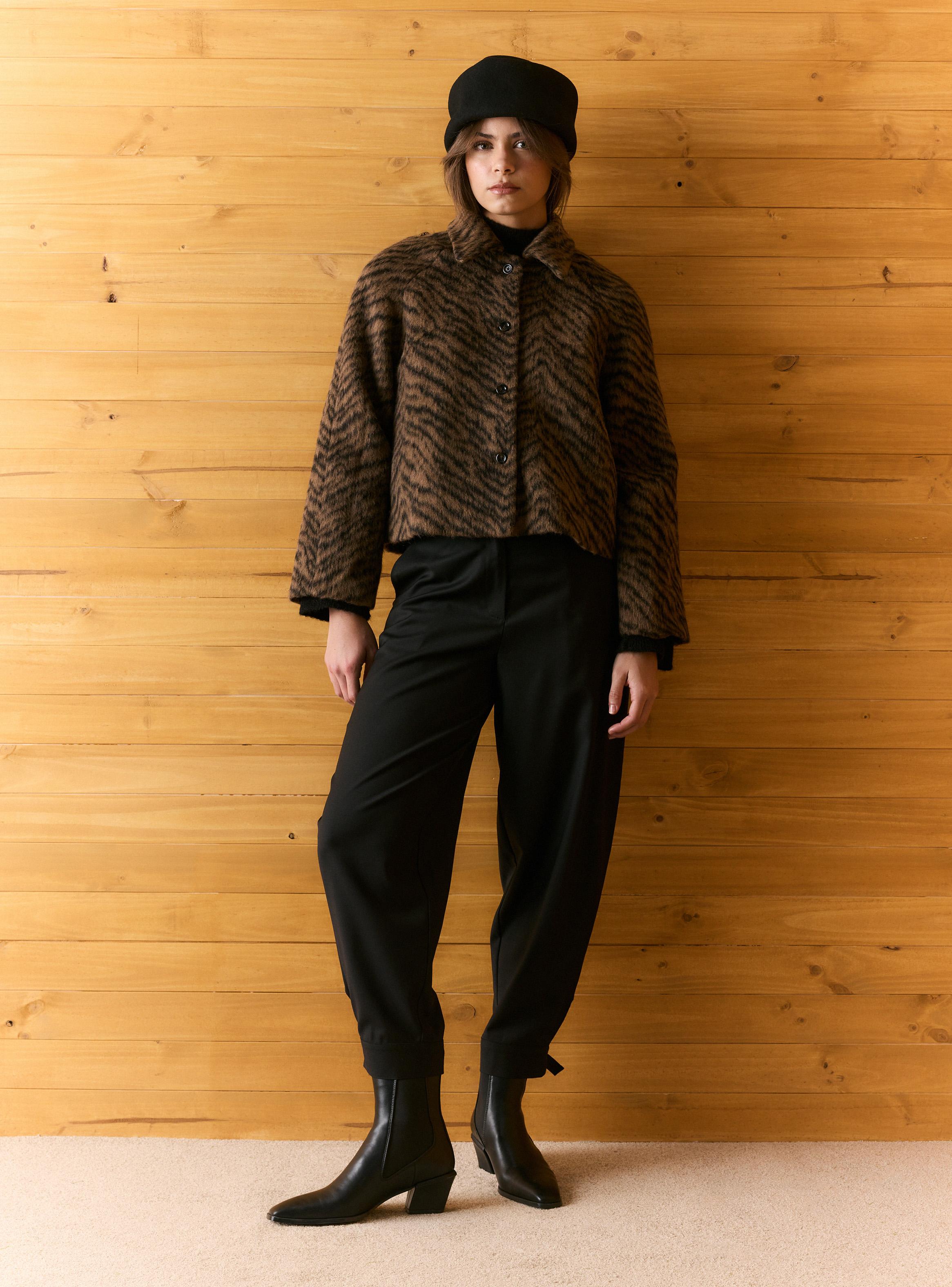 Abrigo Recto de Paño con Lana y Diseño Animal Print-4