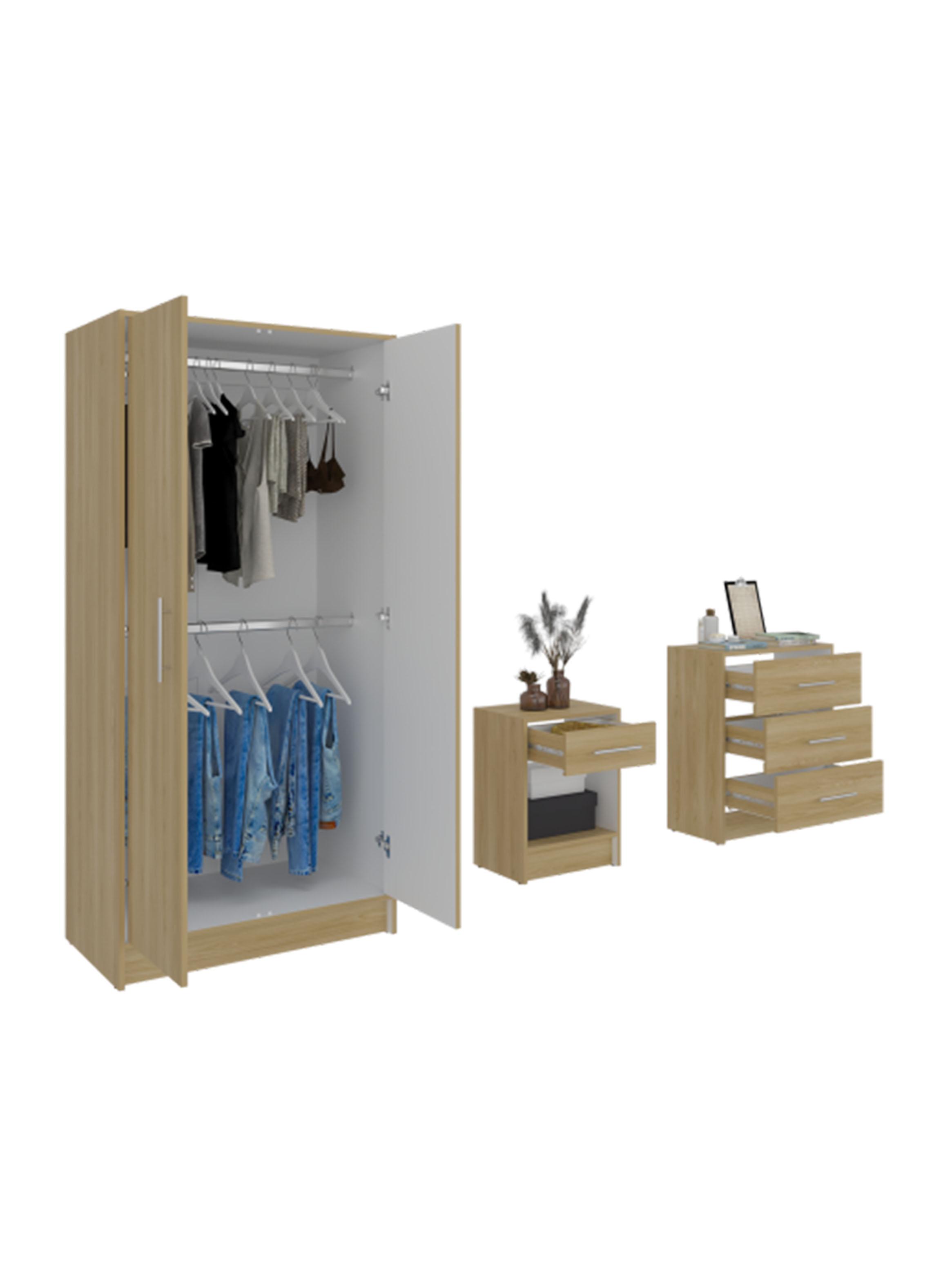 Combo Clóset 2 Puertas + Cómoda + Velador Fresno Europeo Blanco-3