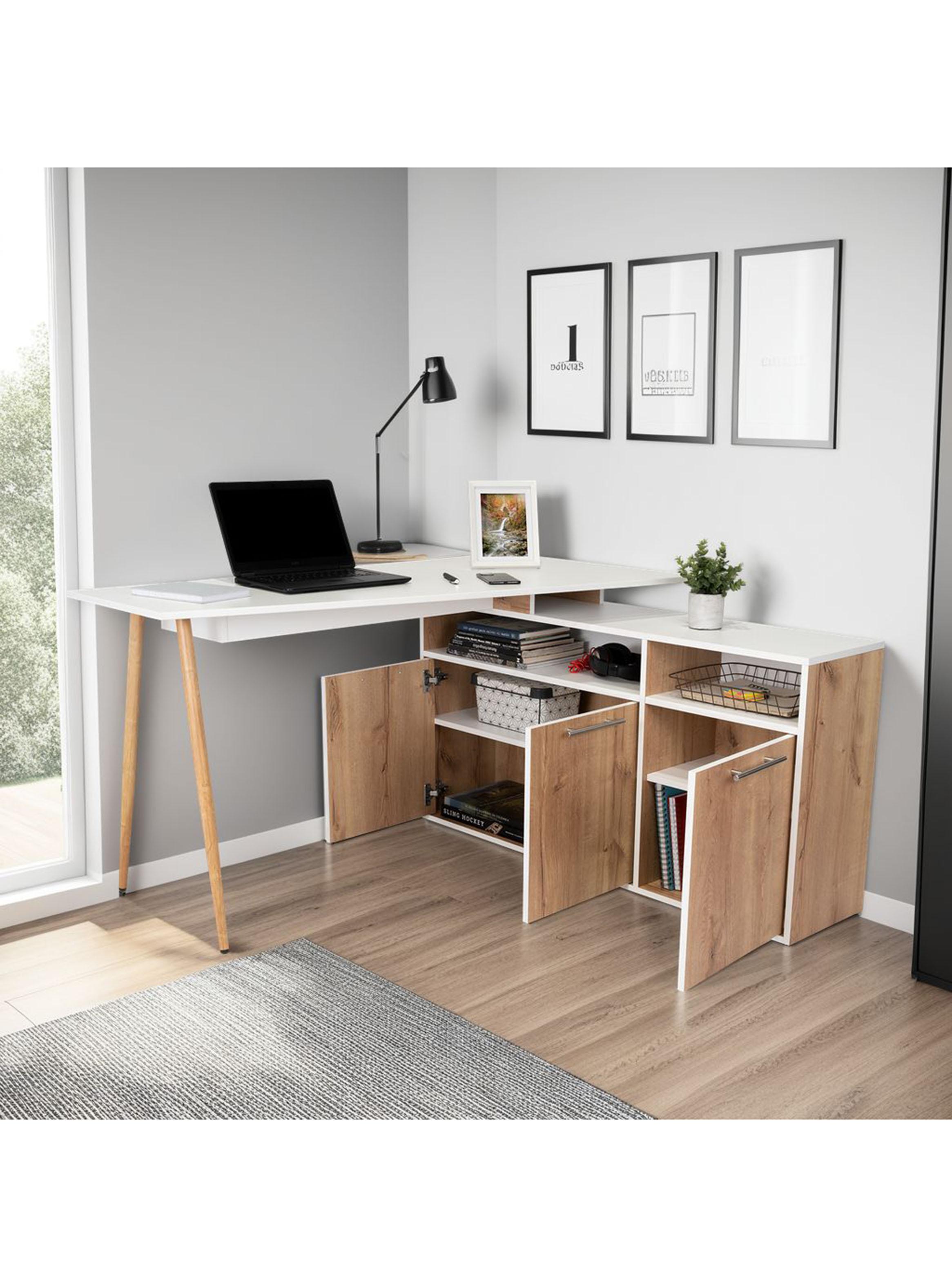 Escritorio En L 3 Puertas Singapur 72.5x130x120 cm Duna y Blanco-4