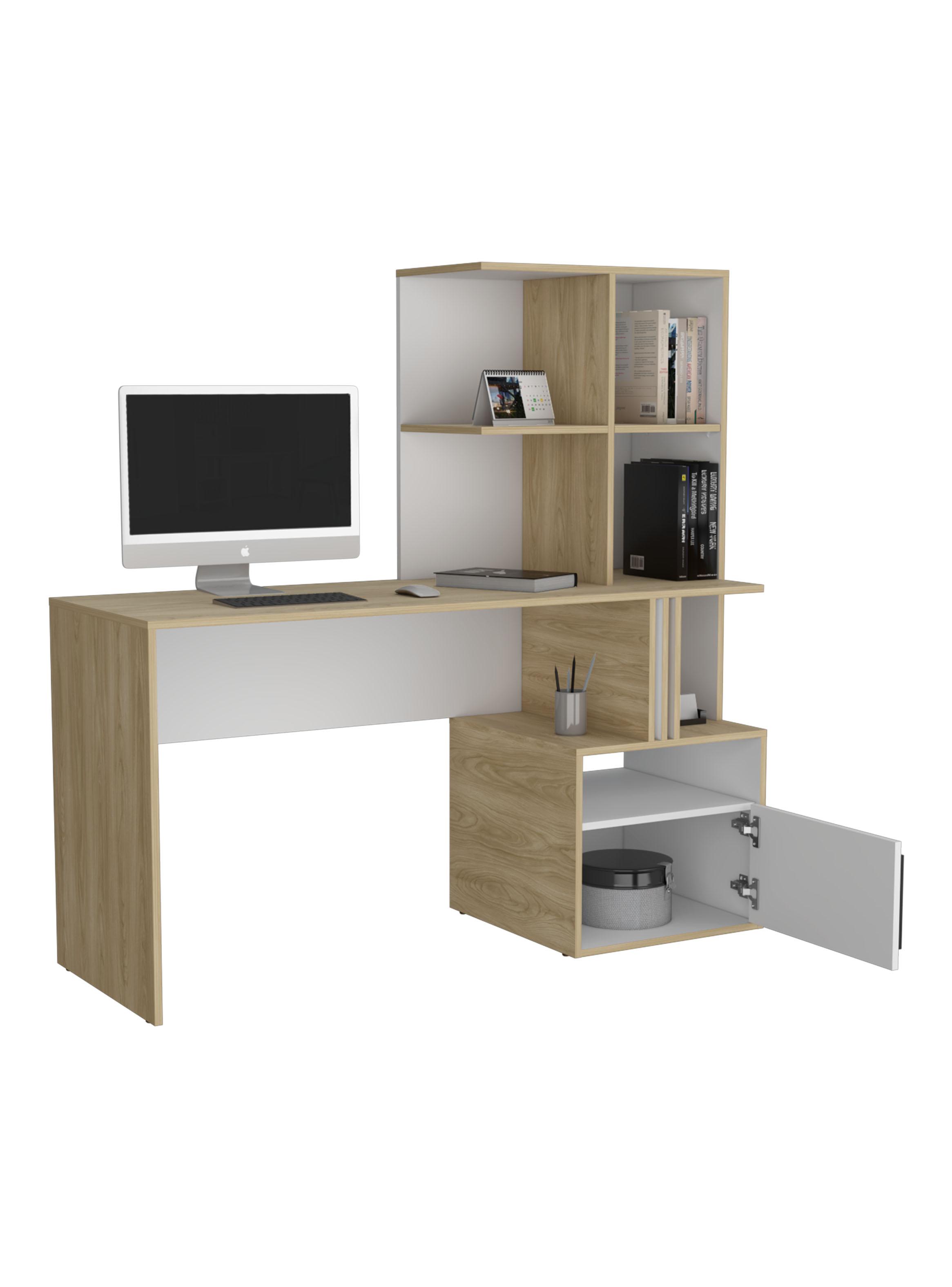 Escritorio Biblioteca 1 Puerta Vance 140x140x50 cm Blanco y Fresno-3