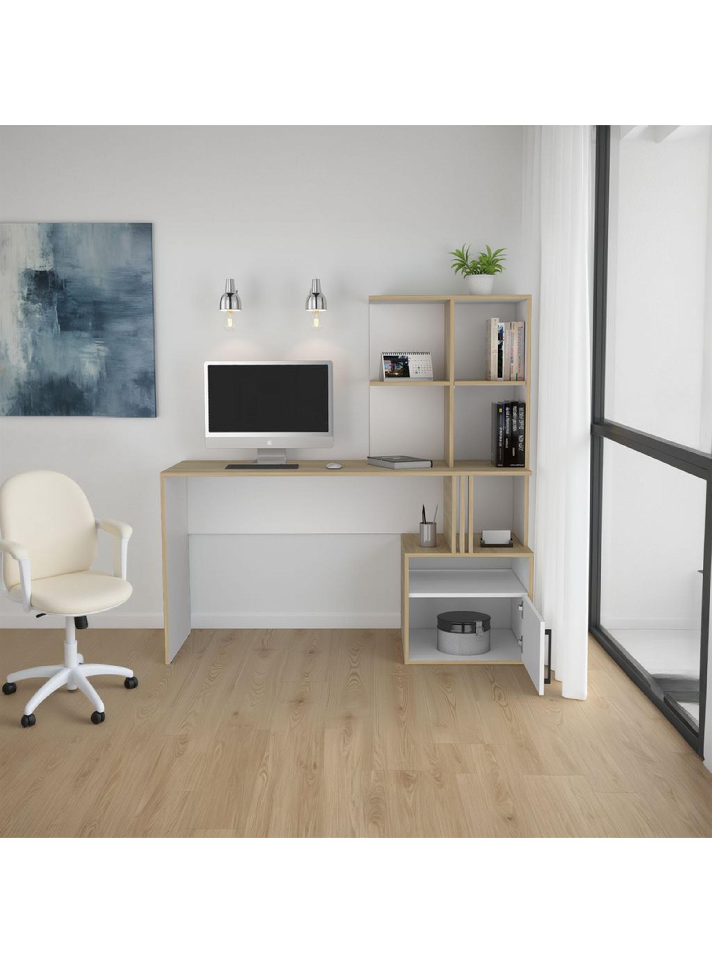 Escritorio Biblioteca 1 Puerta Vance 140x140x50 cm Blanco y Fresno-4