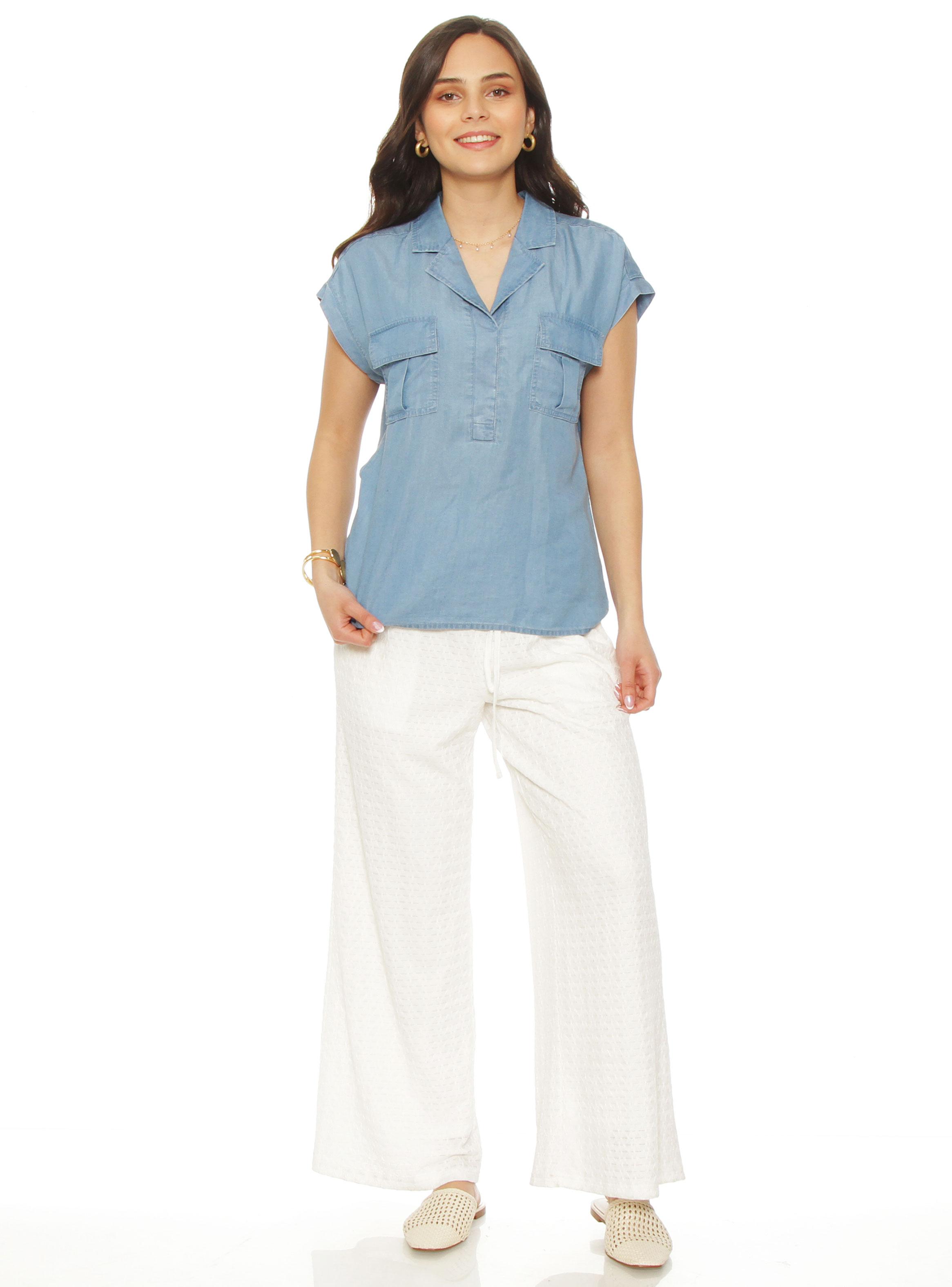 Blusa con Cuello Camisero y Bolsillo Frontal-3