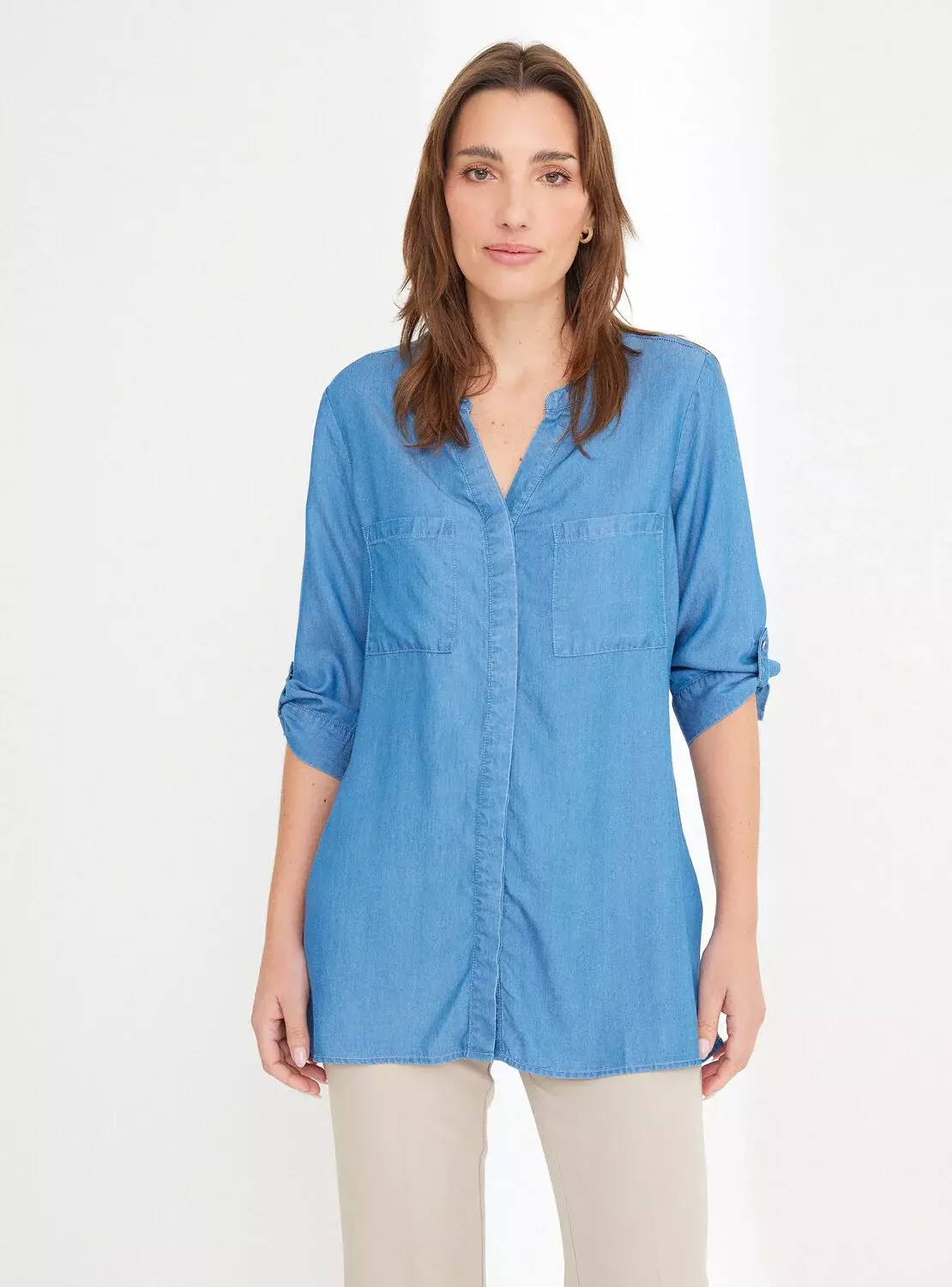 Blusa Lyocel Manga Recoggida y Bolsillos Parche-0