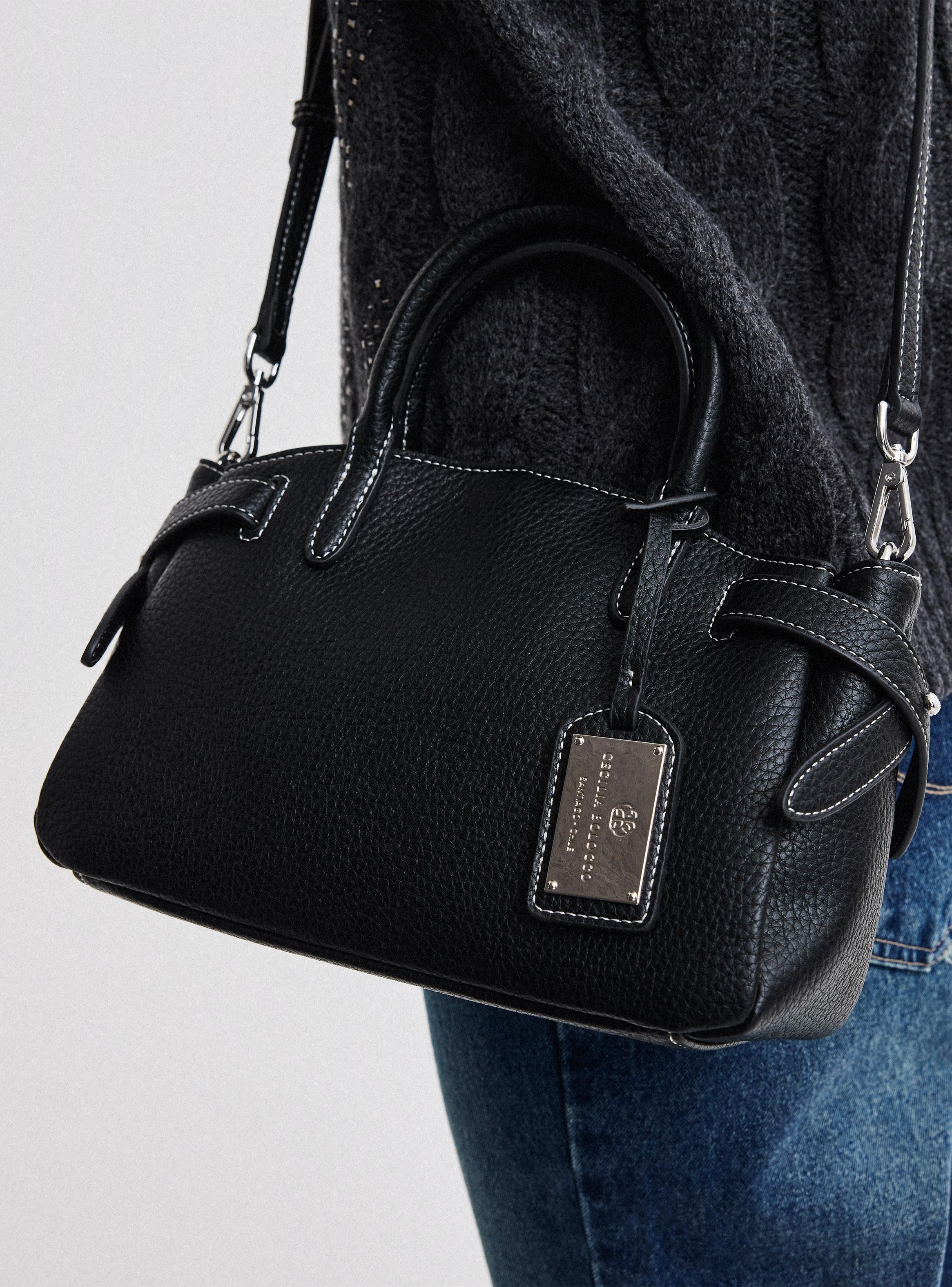 Cartera de Hombro Textura Grano Pespunte en Contraste-5