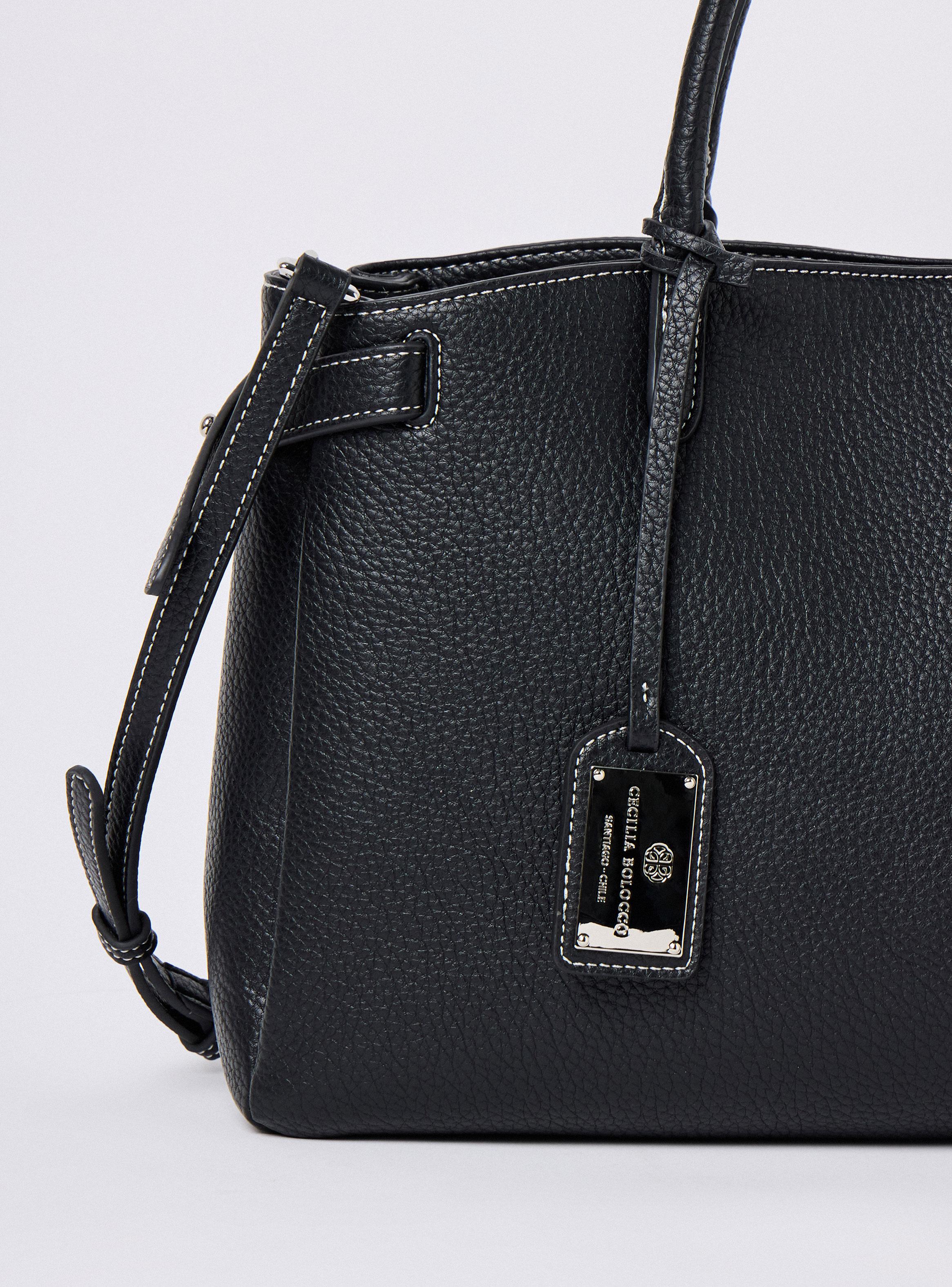 Cartera de Hombro Grande Textura Grano Pespunte en Contraste-4