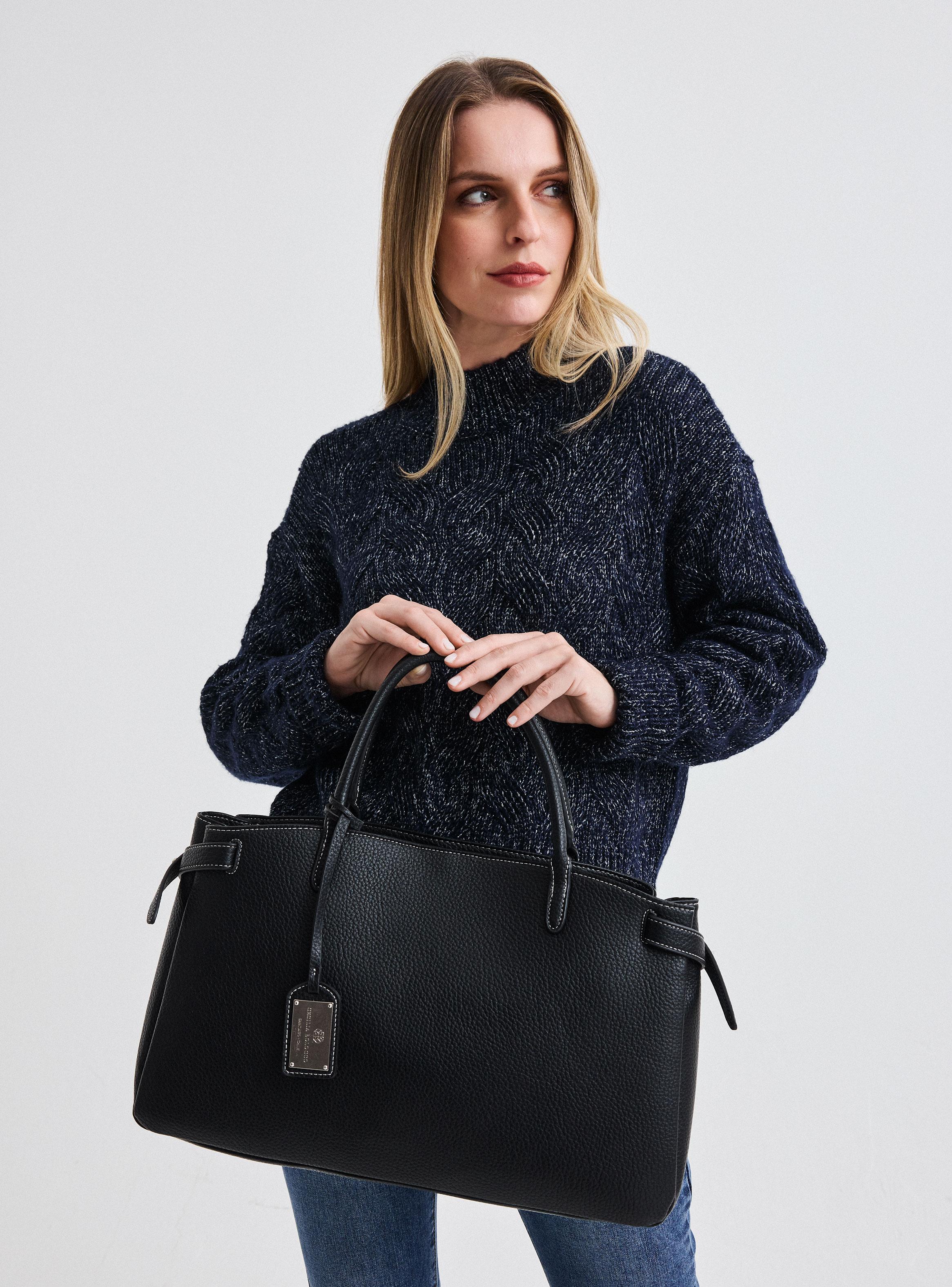 Cartera de Hombro Grande Textura Grano Pespunte en Contraste-5