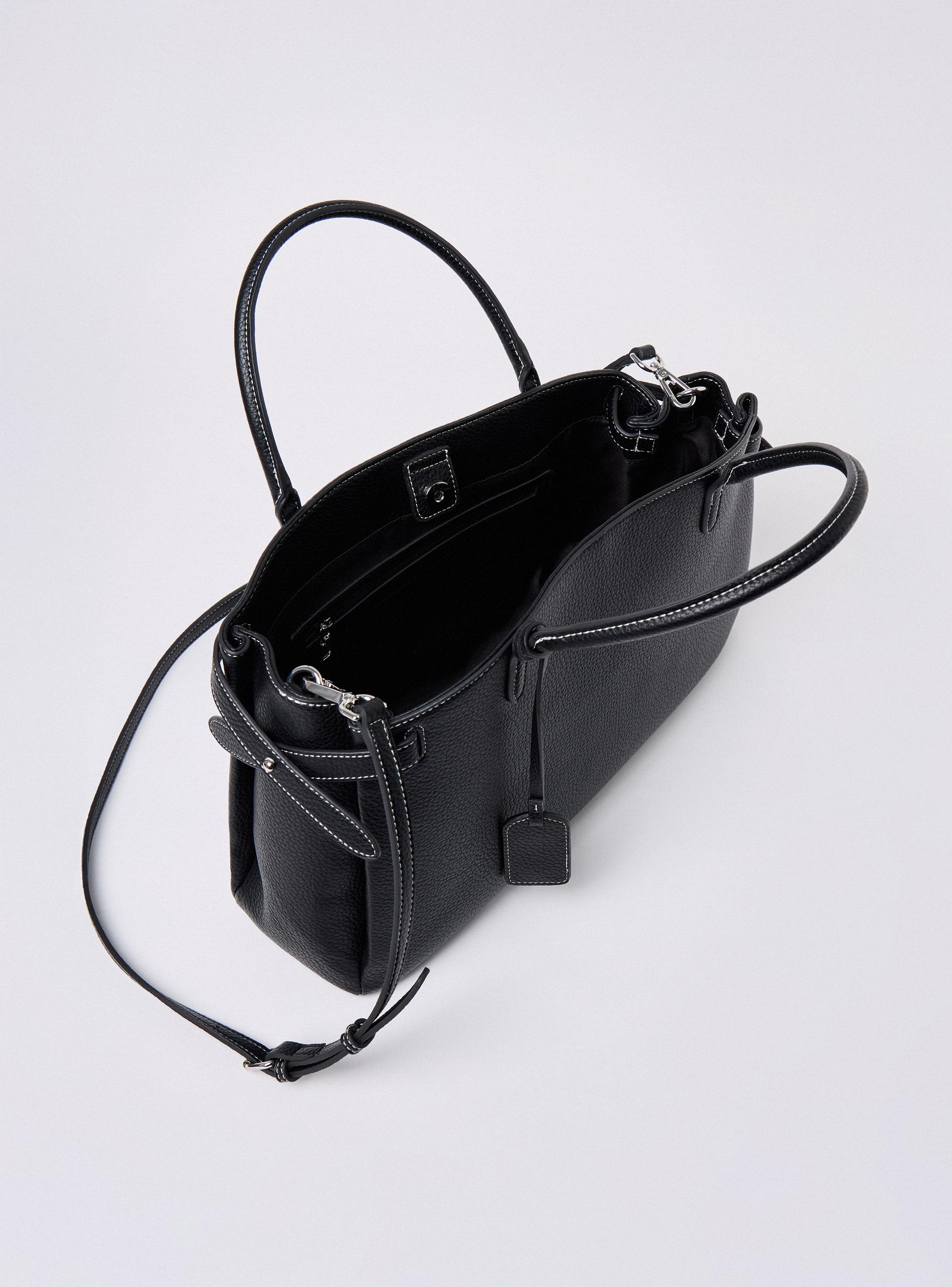 Cartera de Hombro Grande Textura Grano Pespunte en Contraste-3