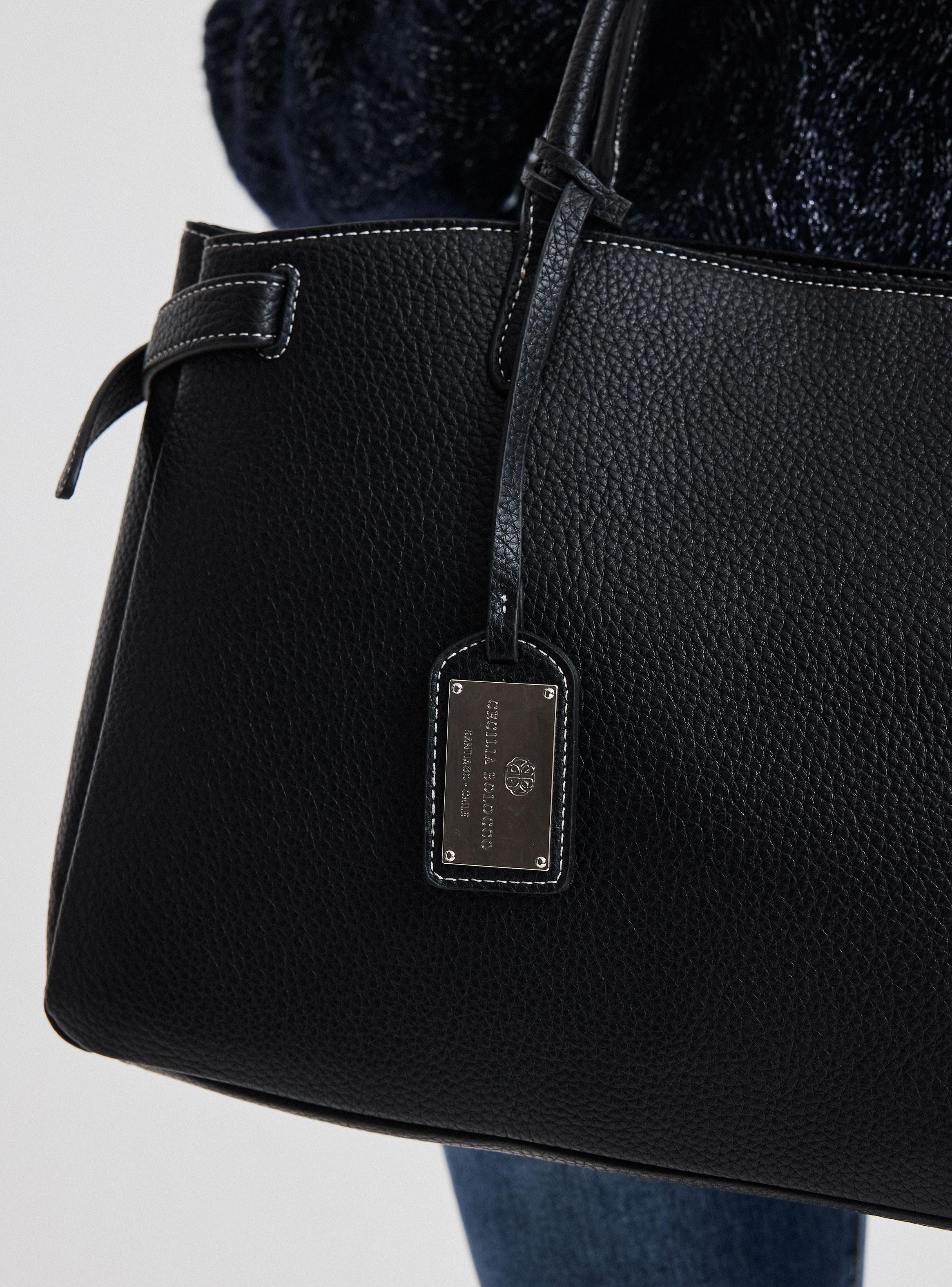 Cartera de Hombro Grande Textura Grano Pespunte en Contraste-6