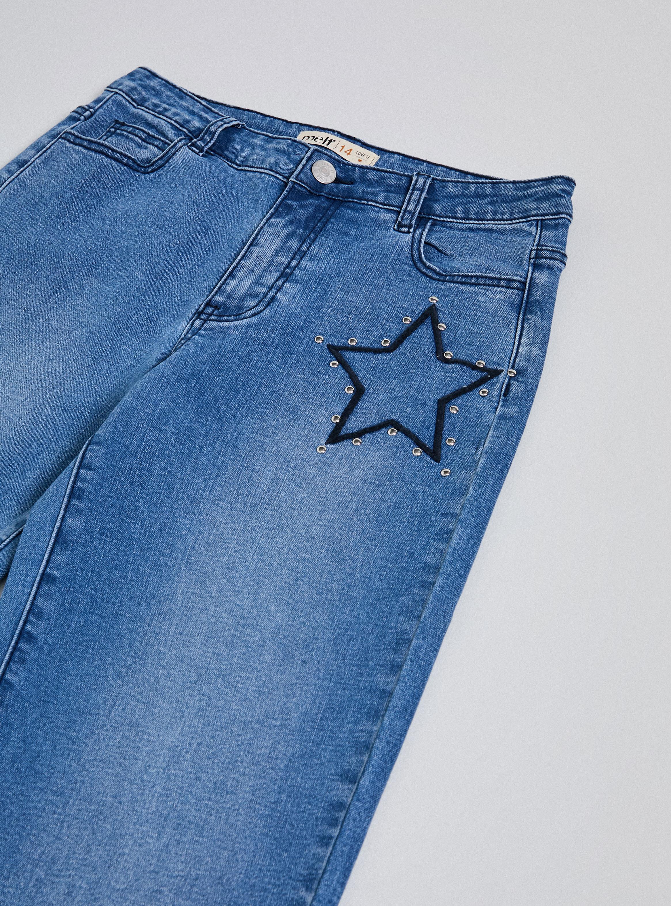 Jeans Wide Leg Medio con Estrellas Bordadas Tachas-3