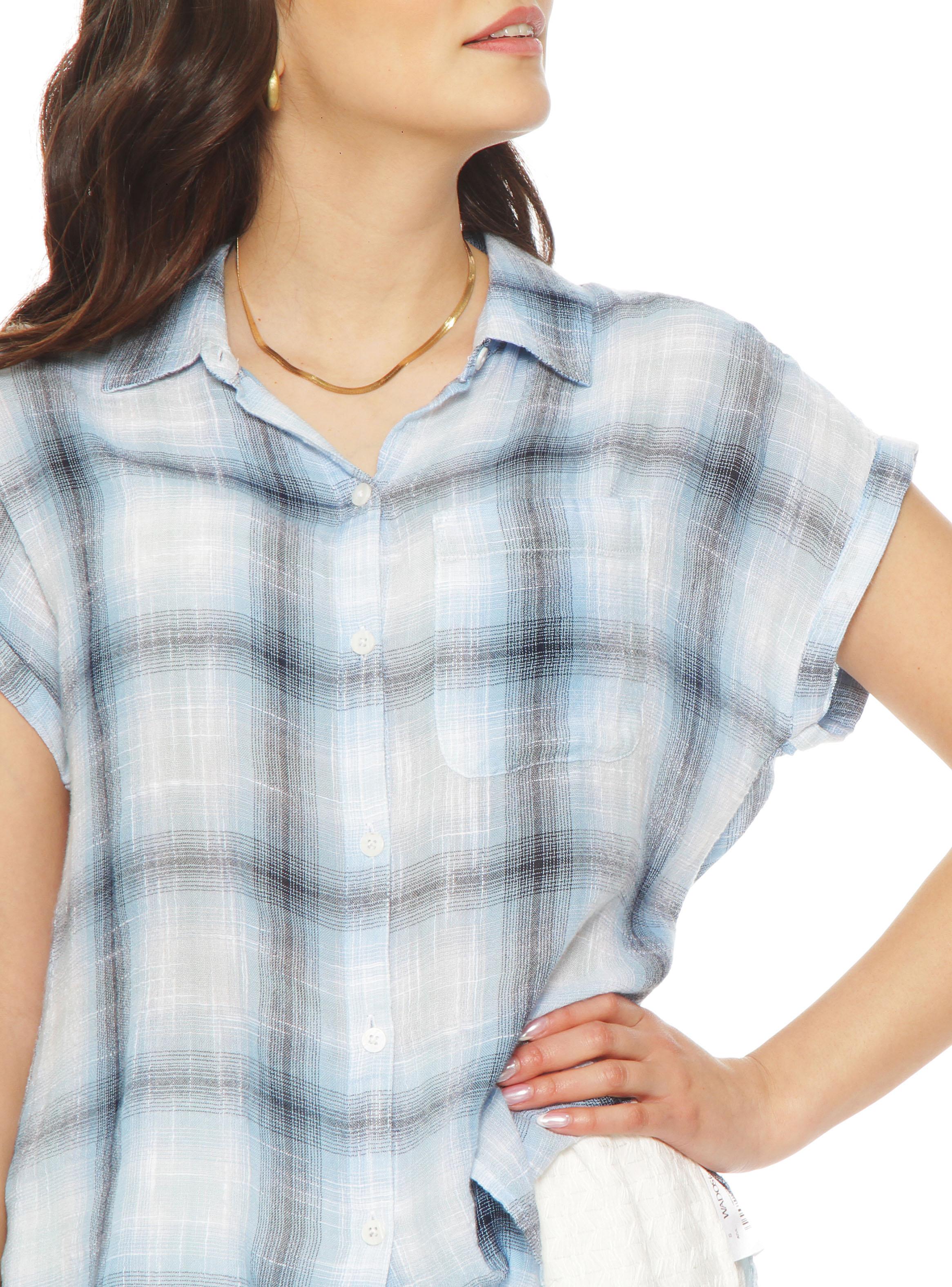 Blusa sin Manga Escoces Abotonada en Delantero y Bolsillo-2