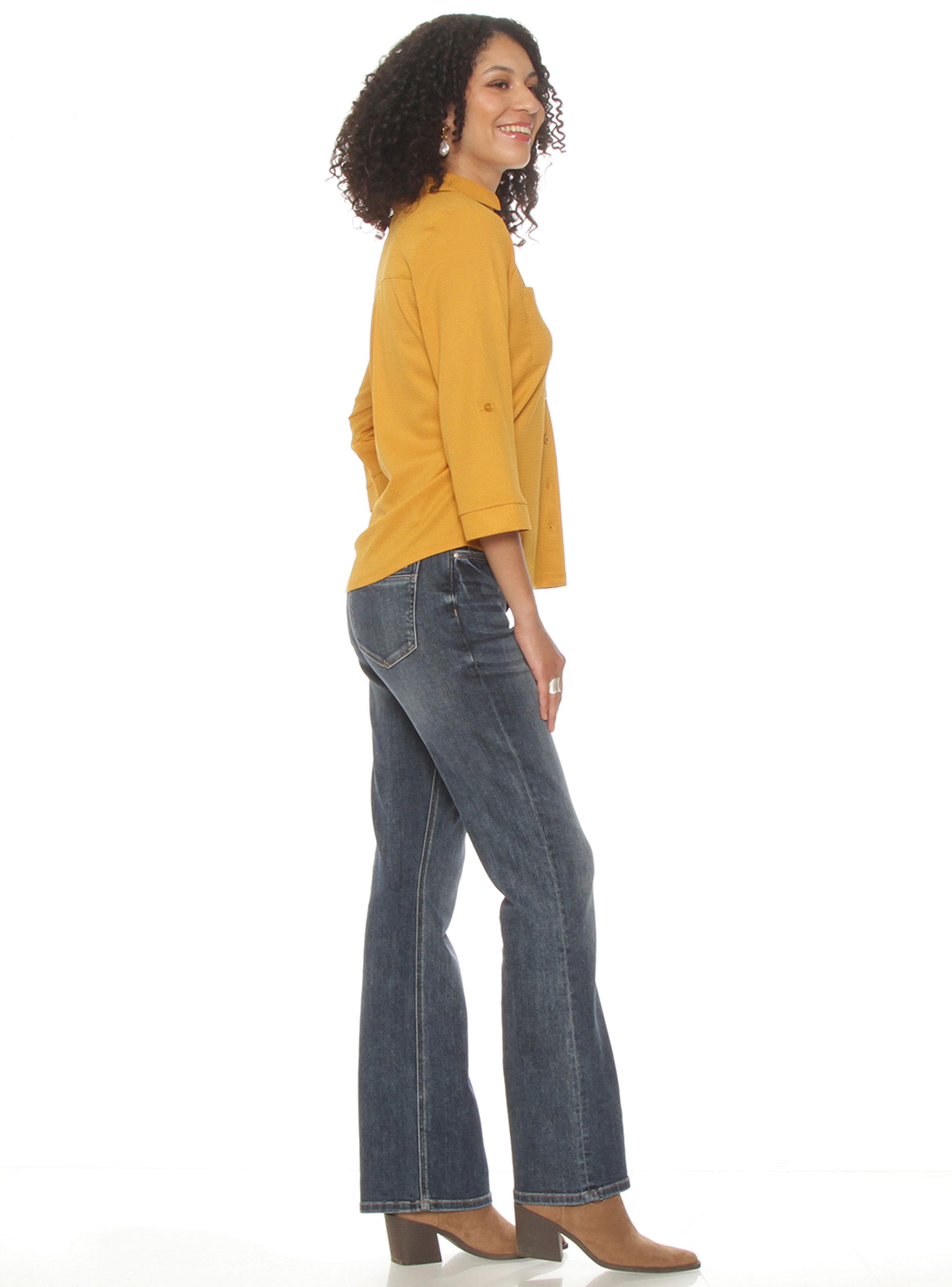 Blusa Manga 3/4 Sólida Escote V Abotonada en el Delantero-4