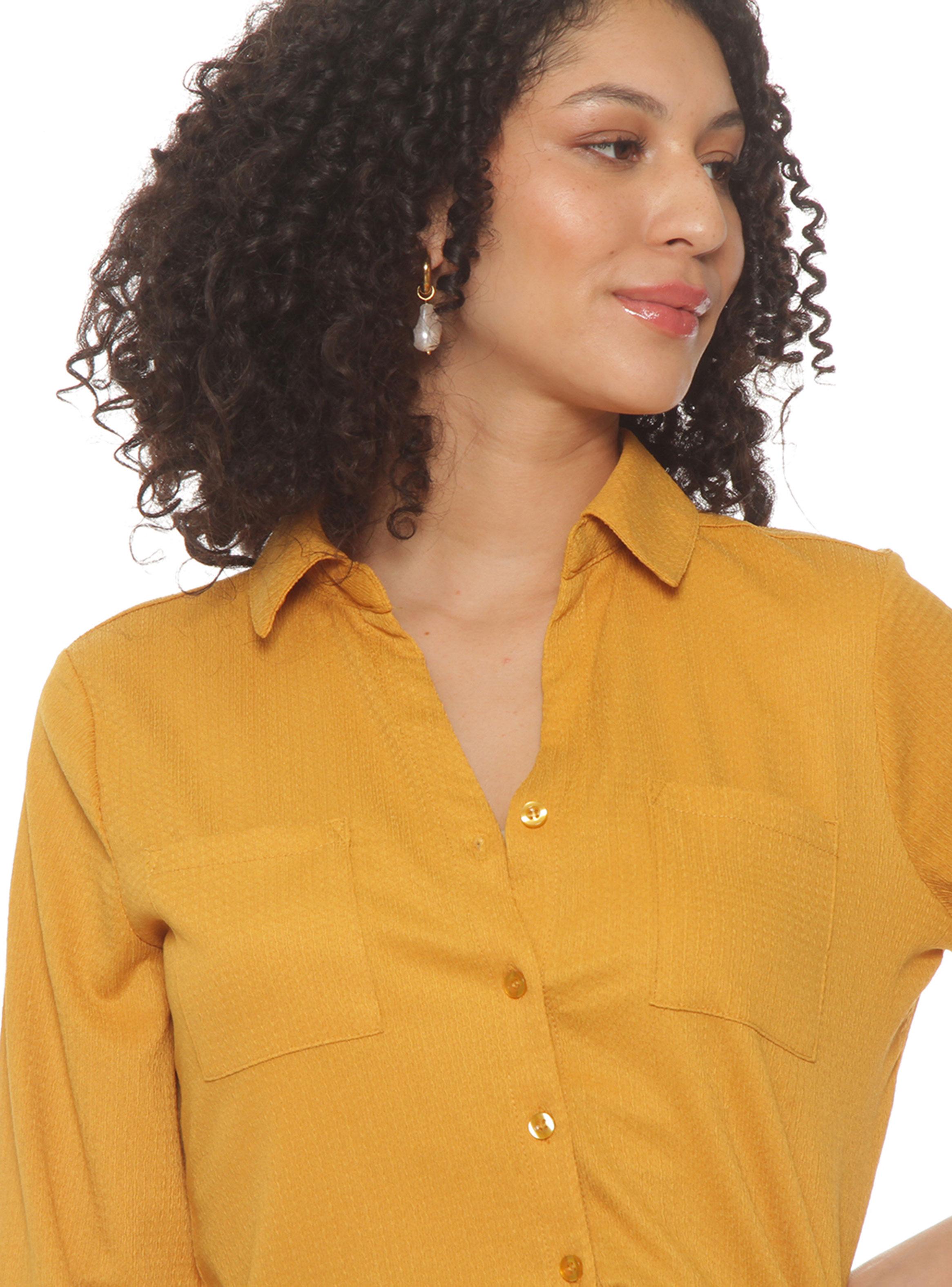 Blusa Manga 3/4 Sólida Escote V Abotonada en el Delantero-2