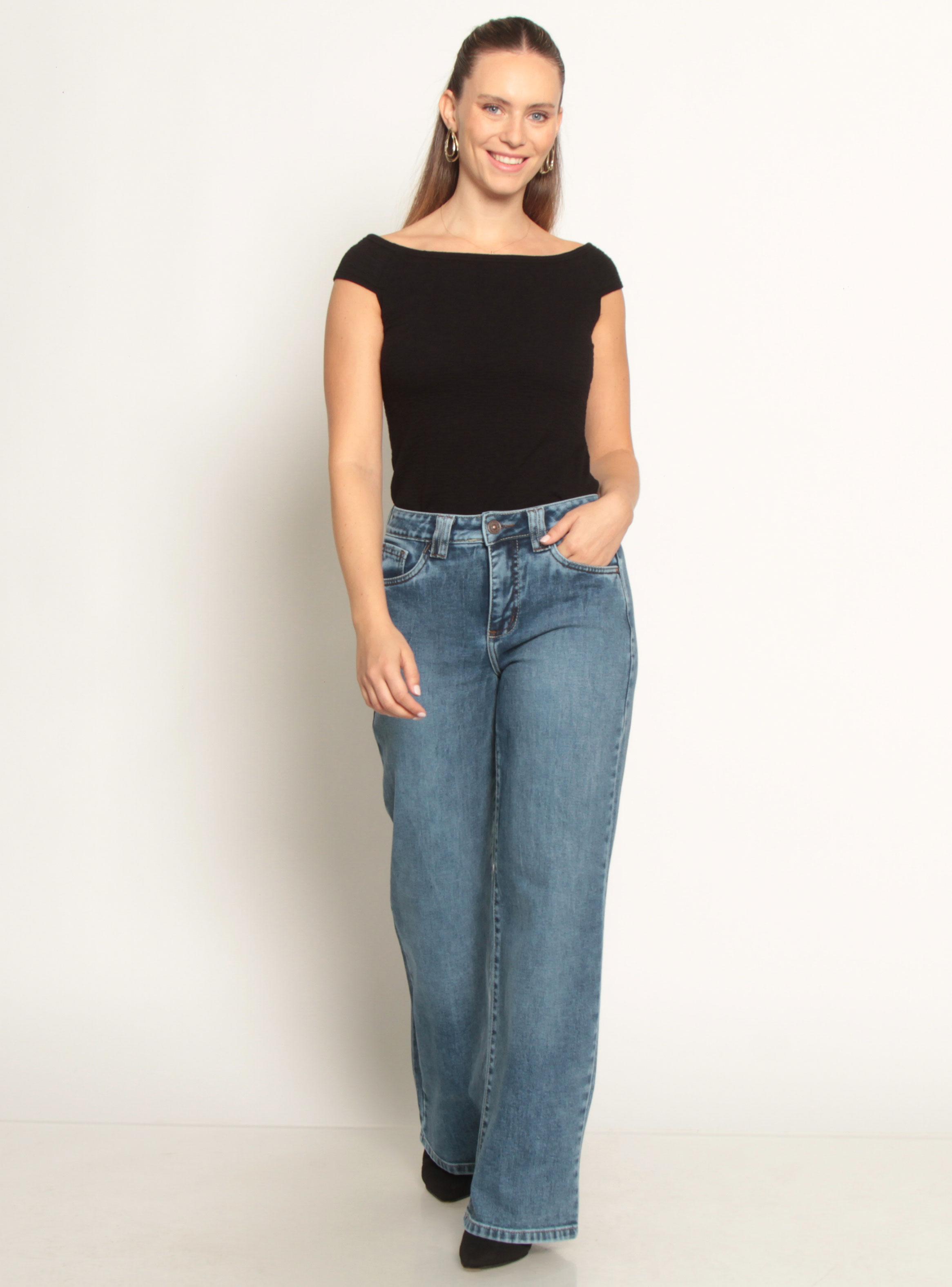 Jeans Wide Tiro Bajo Pretina Básica de 1 Botón-3