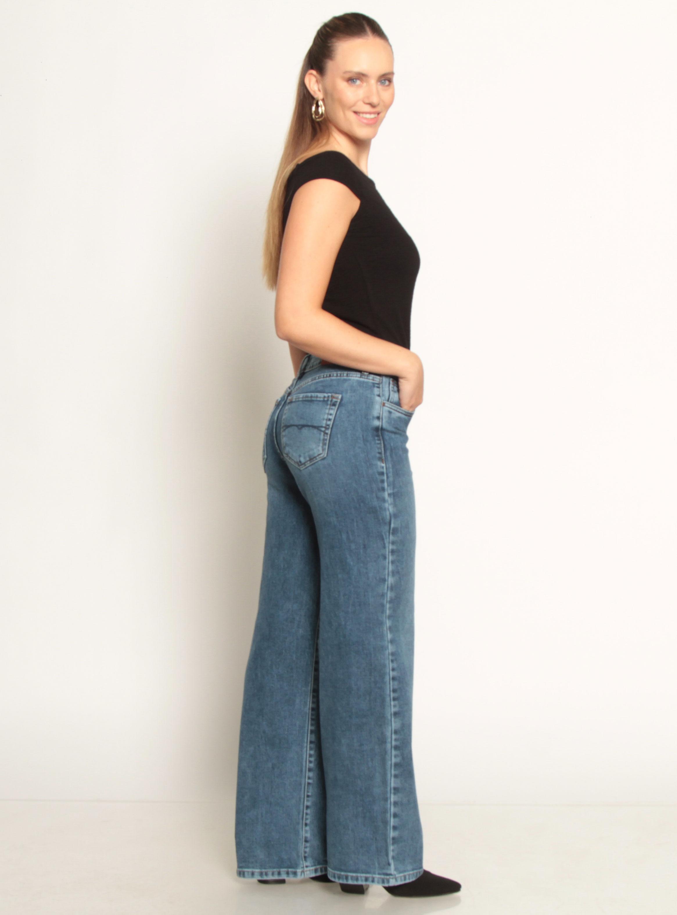 Jeans Wide Tiro Bajo Pretina Básica de 1 Botón-4