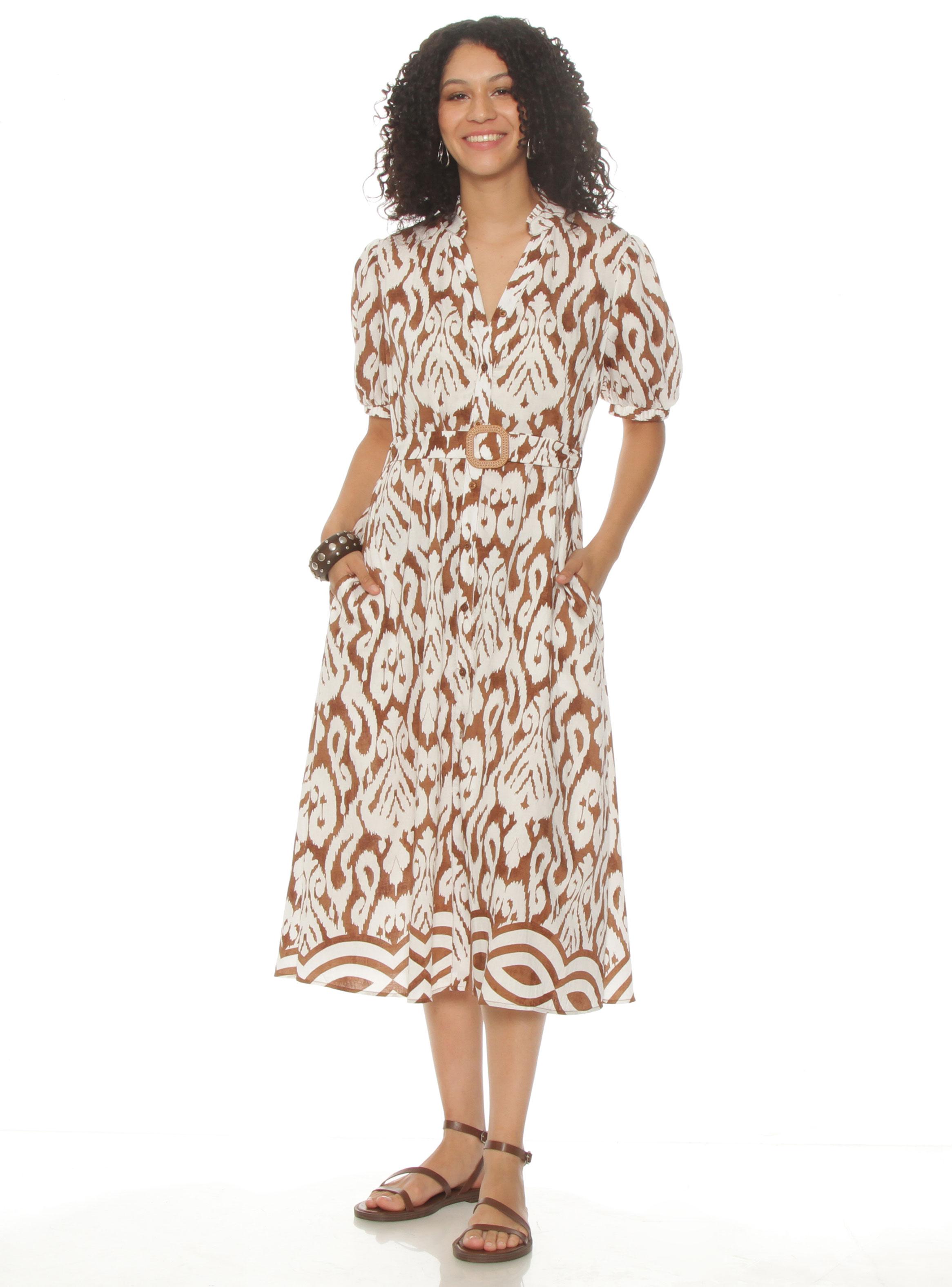 Vestido Manga Corta Estampado Escote V con Cinturón-2