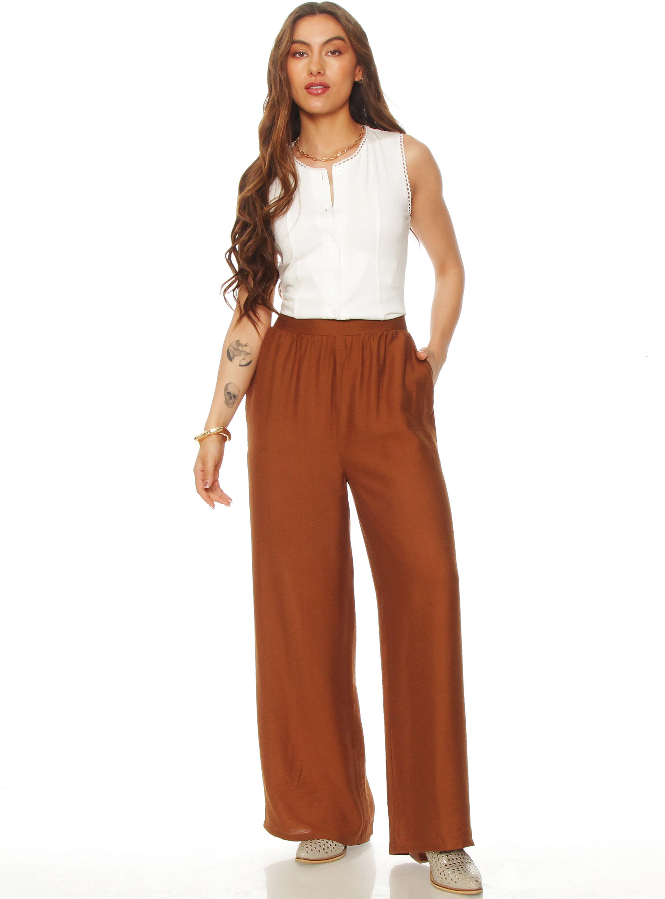 Pantalón Wide Leg Tiro Alto con Pretina Elasticada y Bolsillos-3