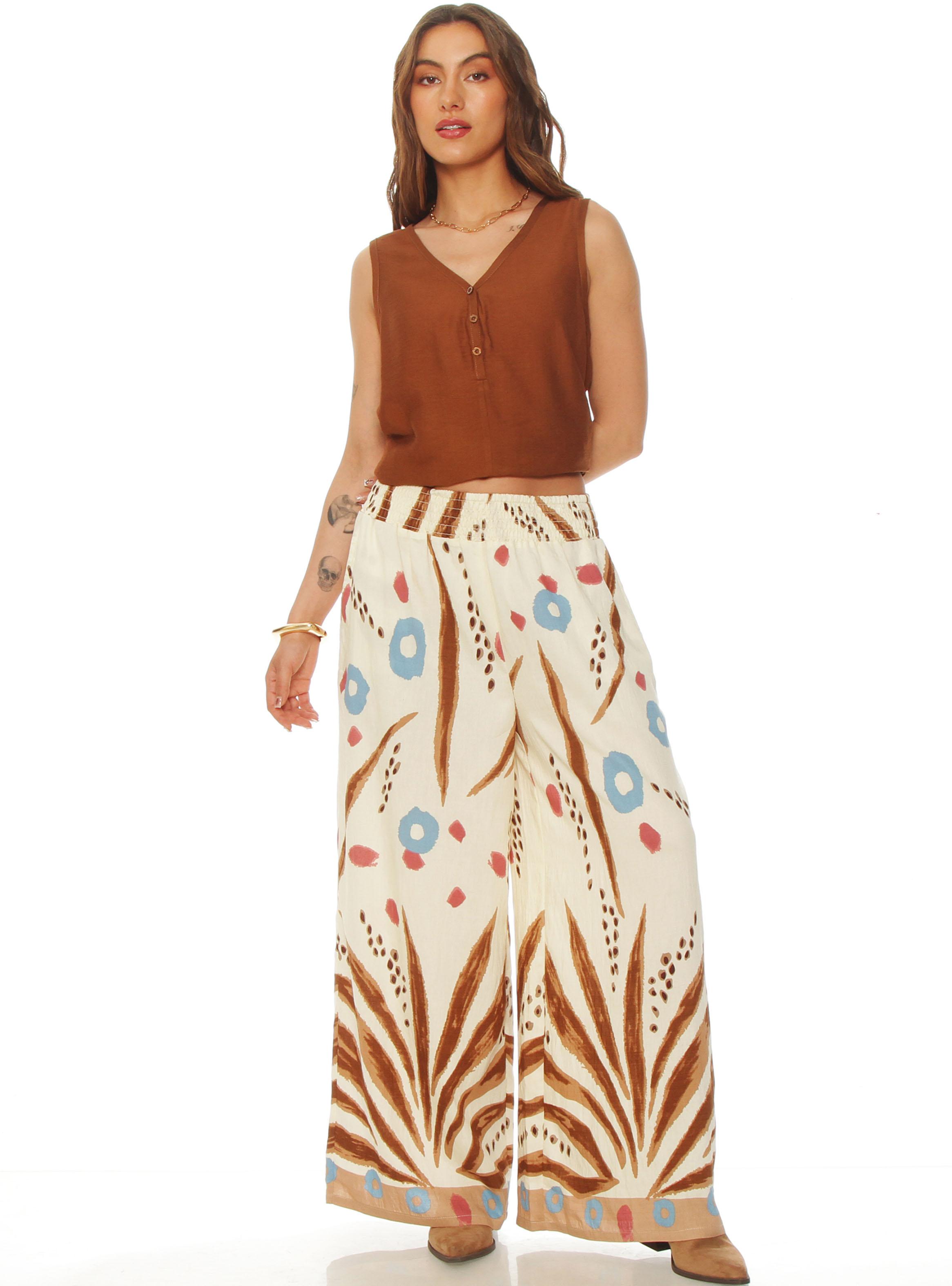 Pantalón Wide Leg Estampado Tiro Alto Pretina Elasticada-3
