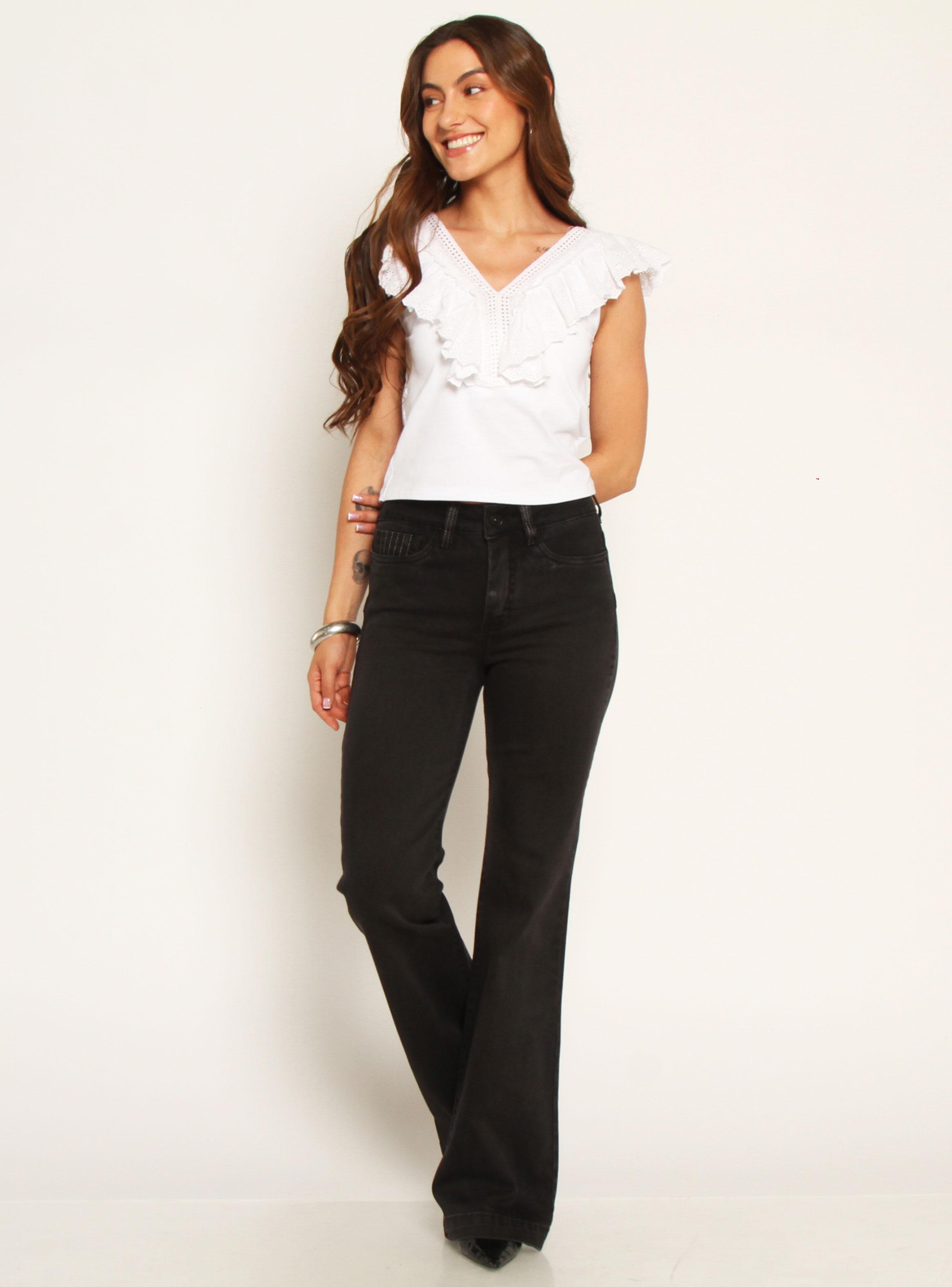 Jeans Flare Tiro Alto Pretina Básica 1 Botón-3
