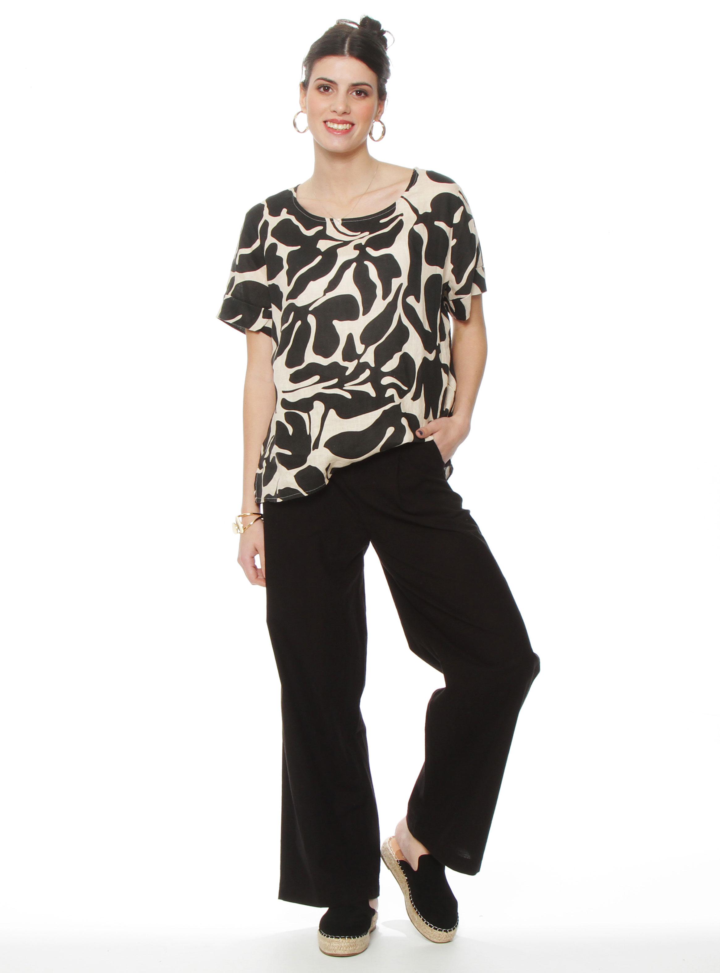 Blusa Manga Corta Lino Estampado Escote Redondo-3