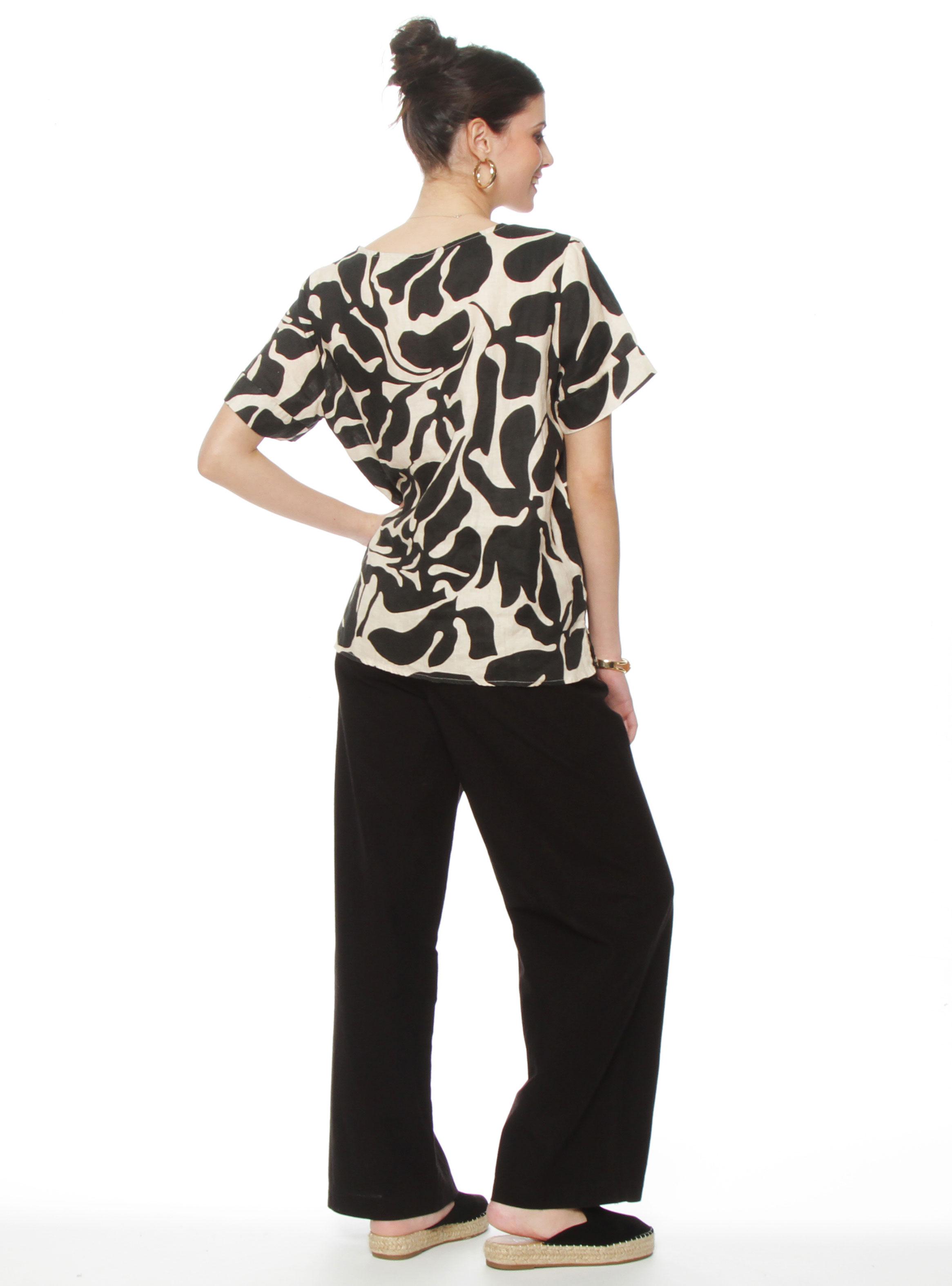 Blusa Manga Corta Lino Estampado Escote Redondo-4