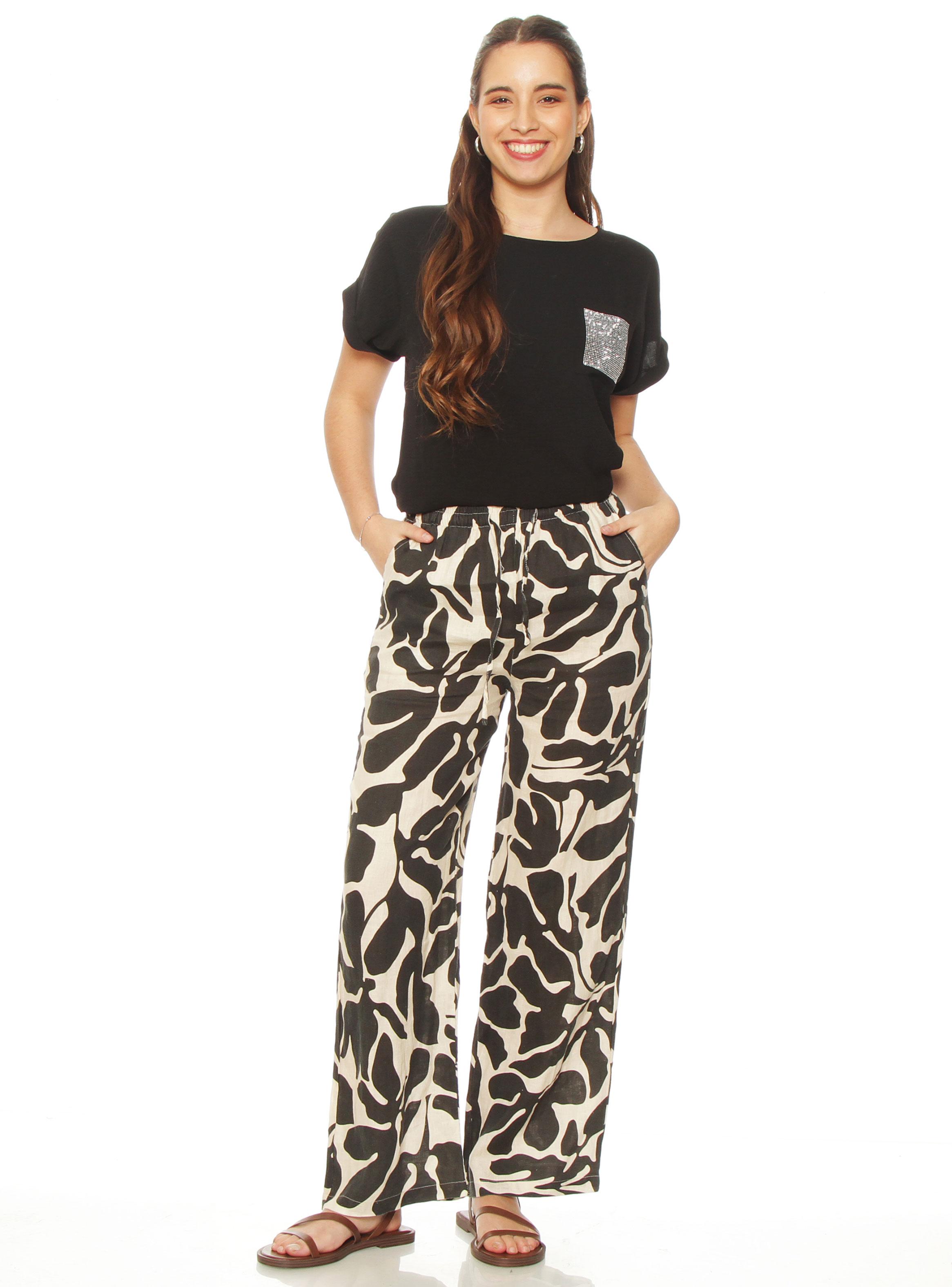 Pantalón Wide Leg Lino Estampado Tiro Alto Pretina-3