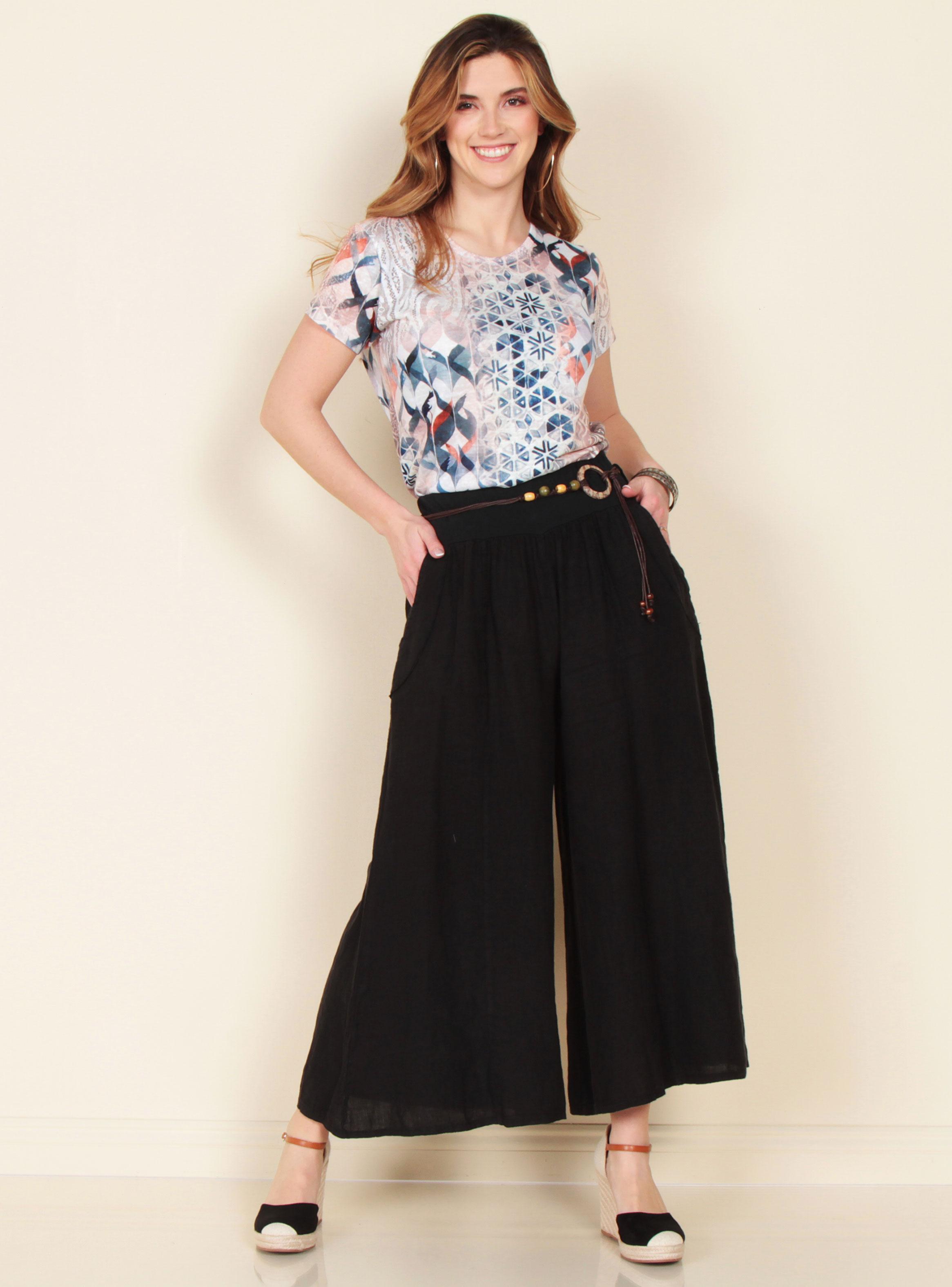 Pantalón Wide Leg Lino Sólido con Cinturón-3