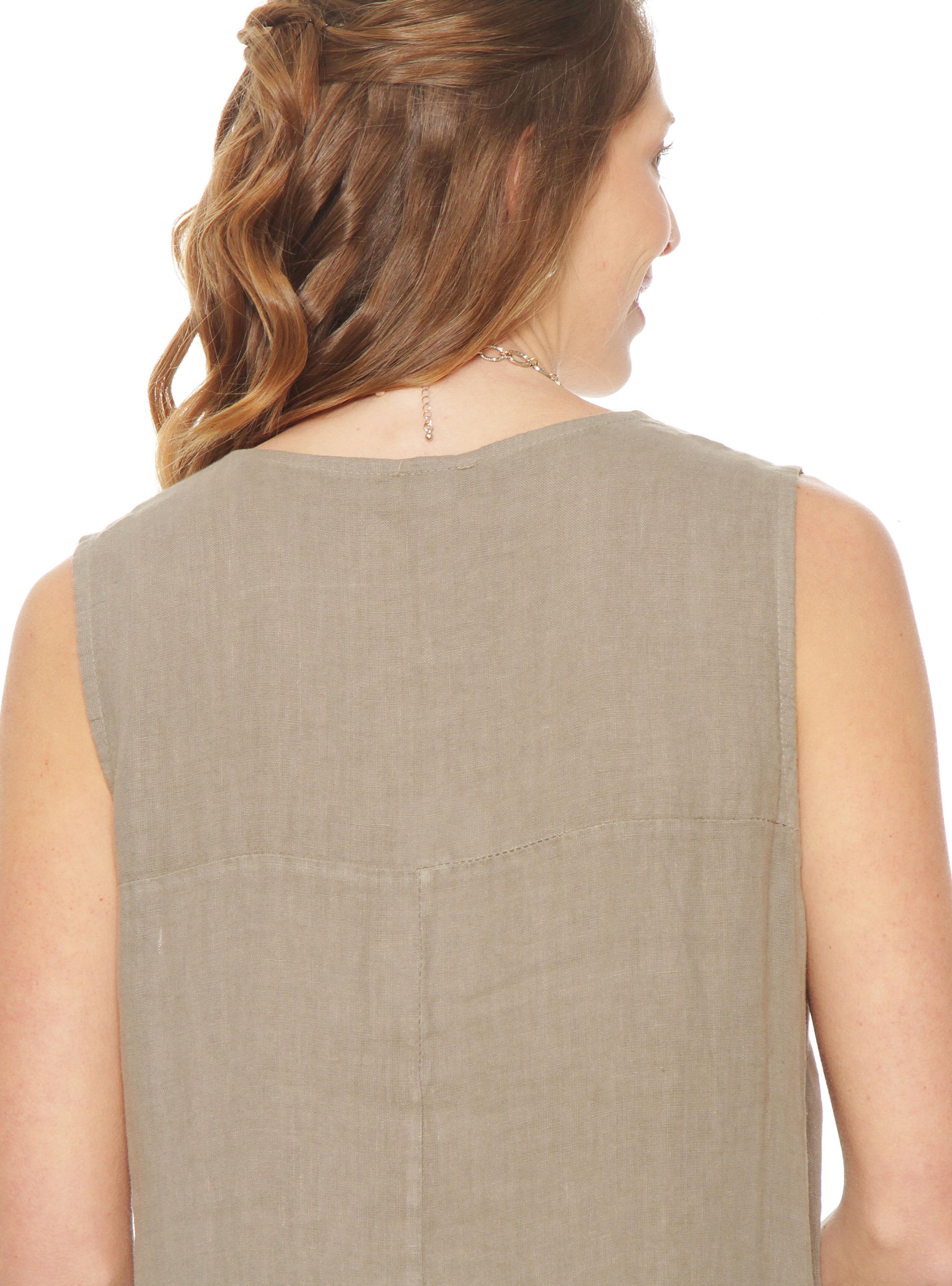 Vestido sin Manga Lino con Bolsillos Escote V-3