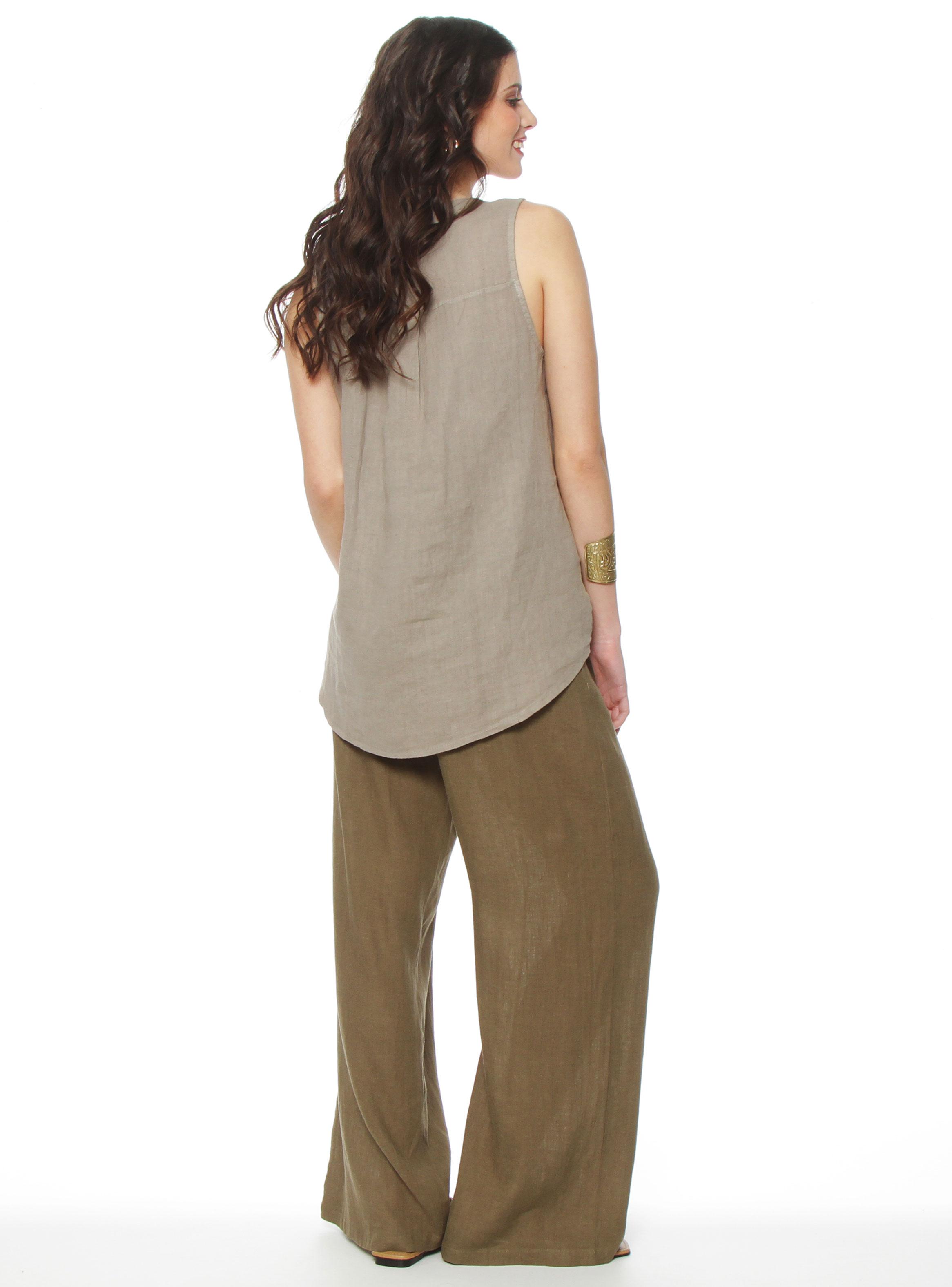 Blusa sin Manga Lino Escote V Botón-4