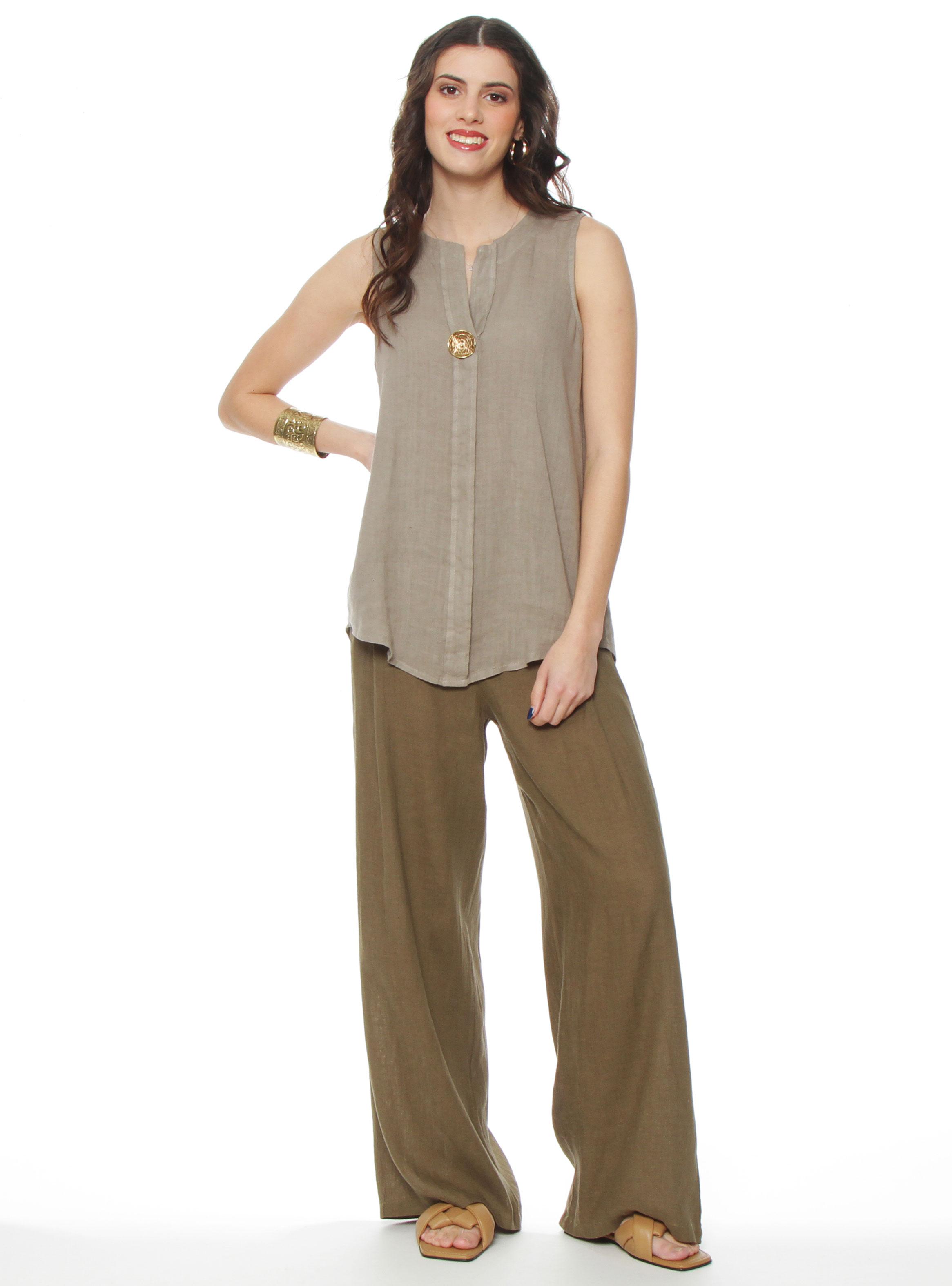 Blusa sin Manga Lino Escote V Botón-3