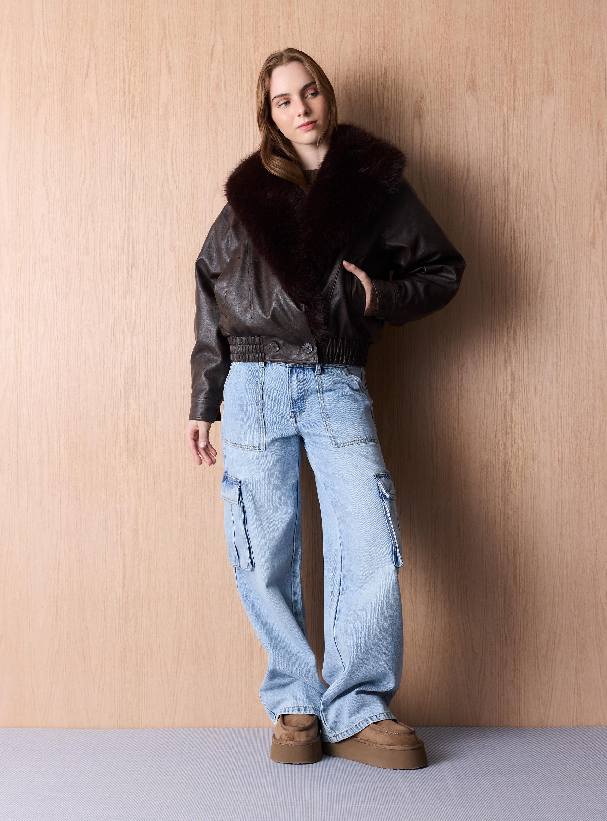 Chaqueta Efecto Piel Cintura Elasticada-4