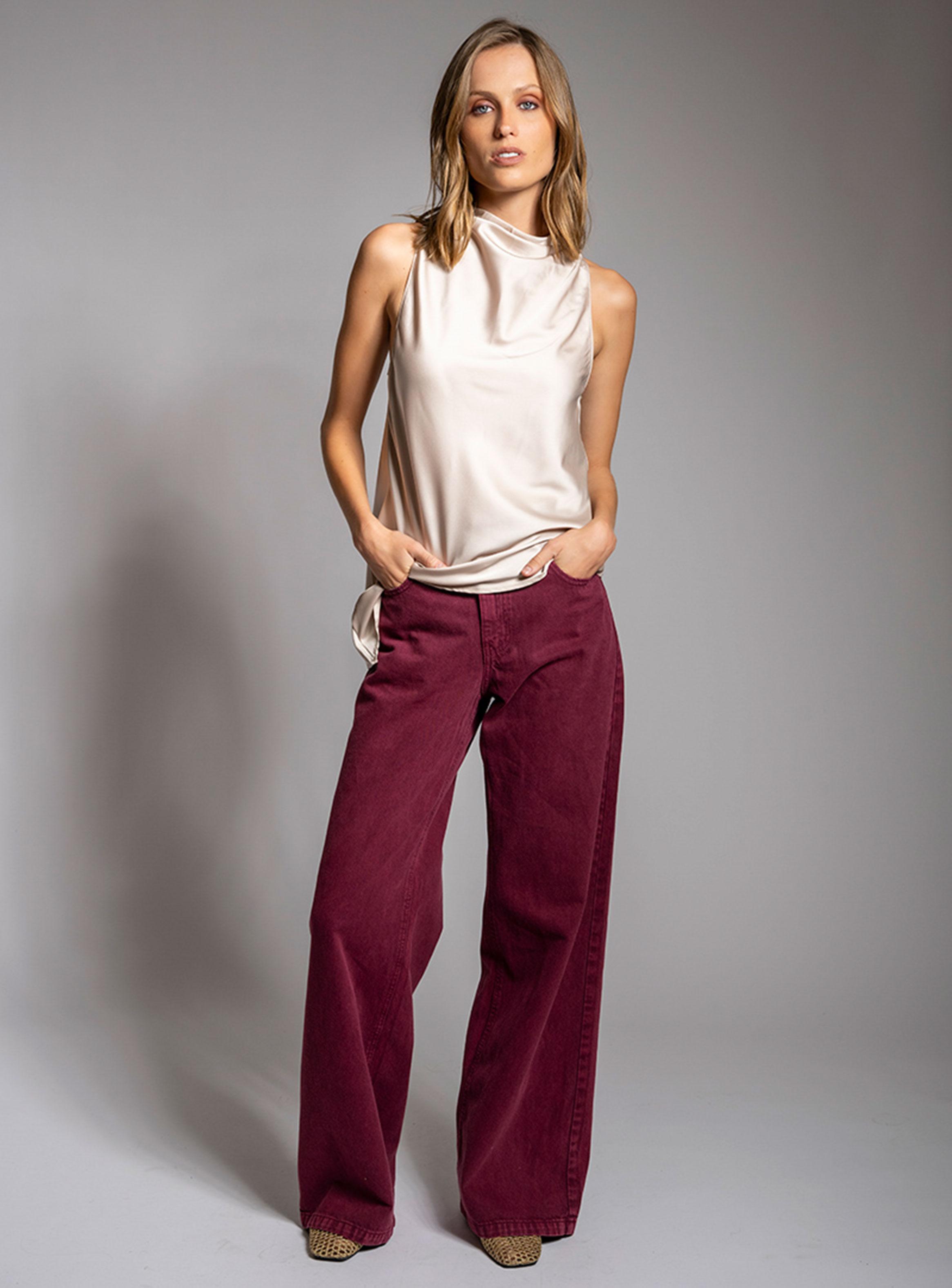 Jeans Wide Leg Tiro Medio Burdeo-3