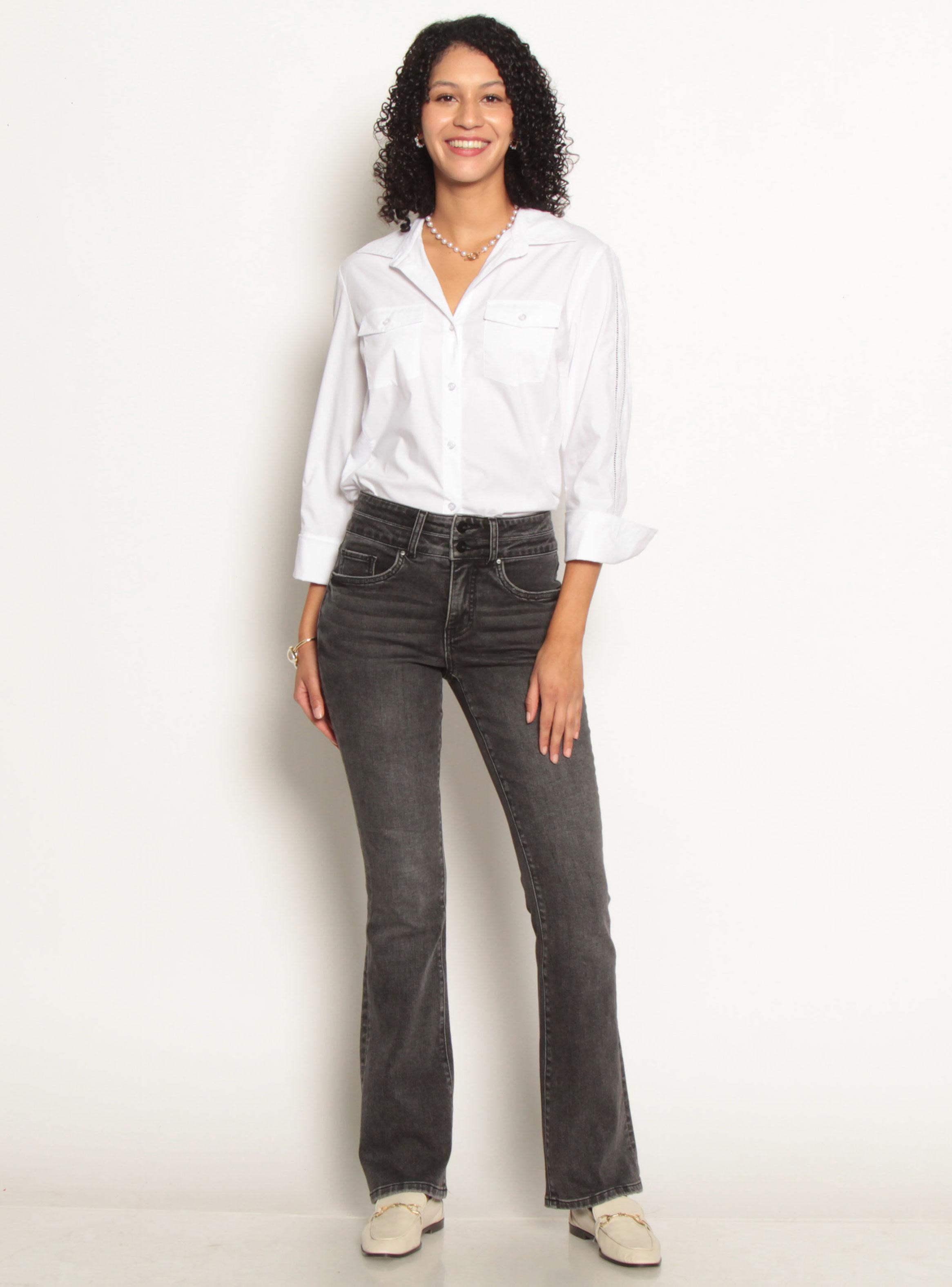 Jeans Flare Tiro Alto Pretina Media 2 Botones-3
