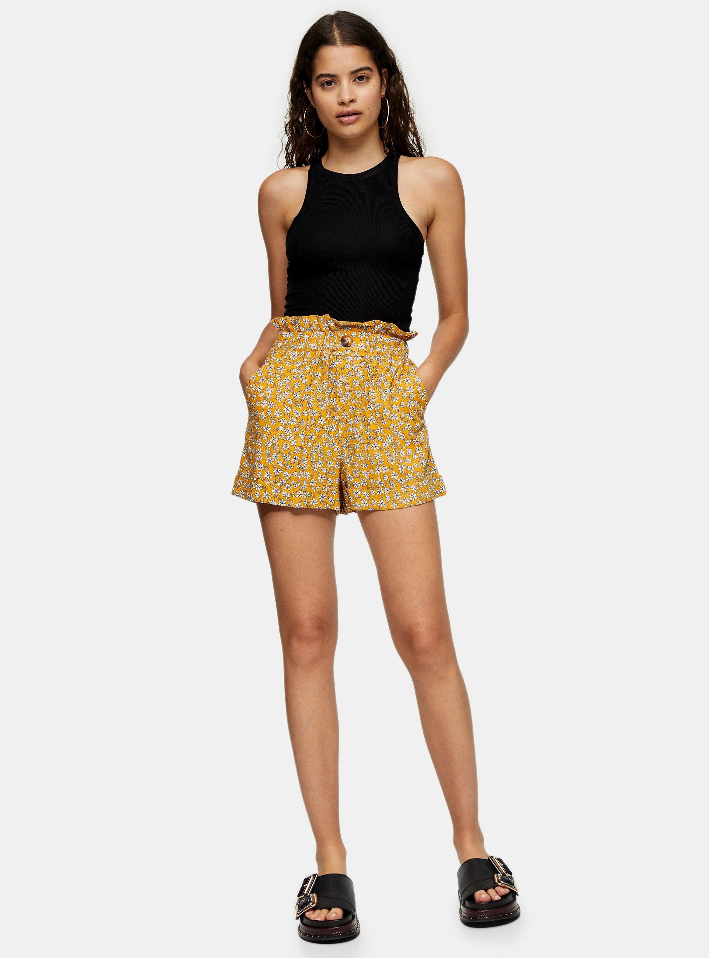 Short Mustard Floral Print Paperbag Turn Up-3