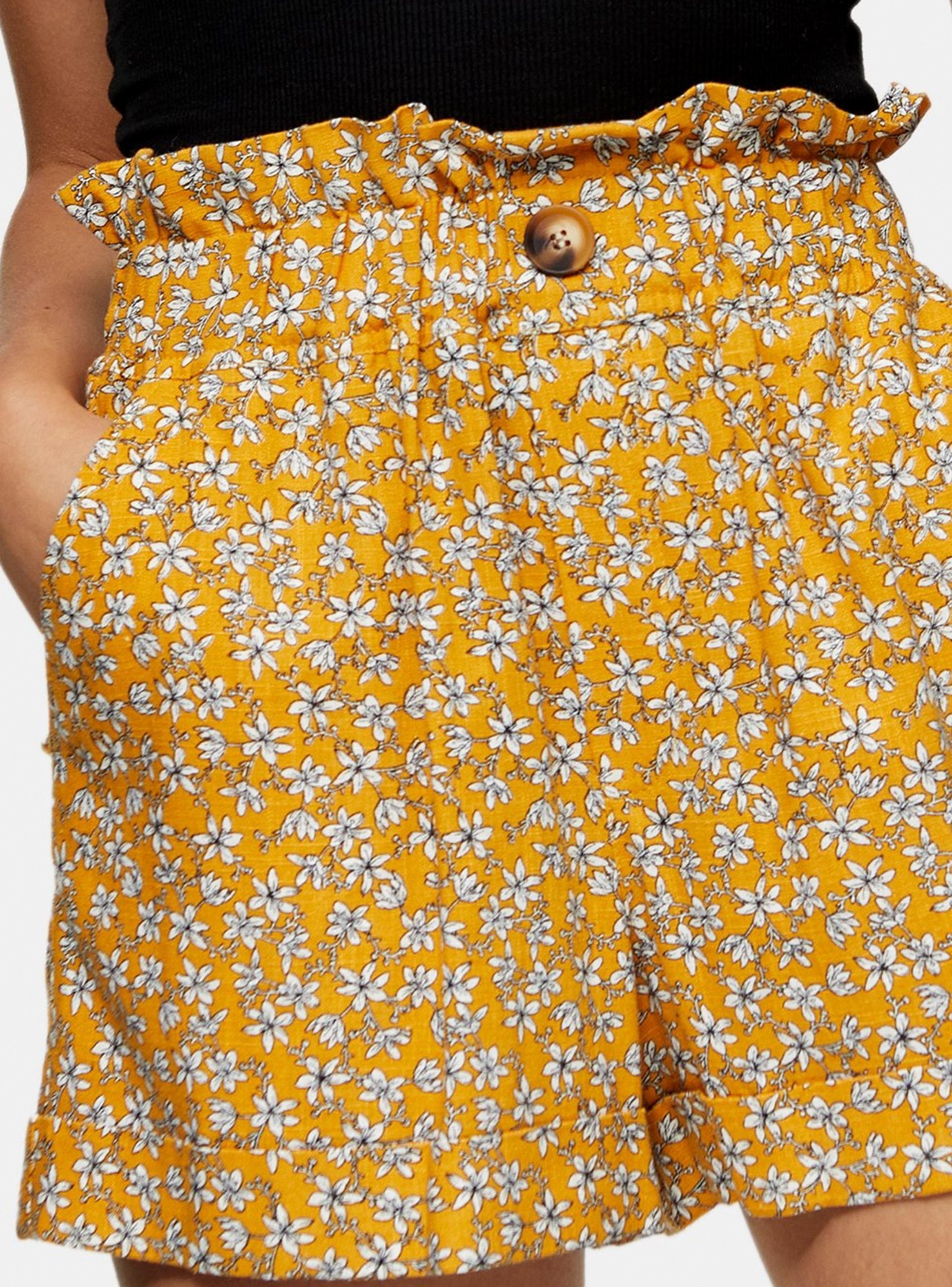 Short Mustard Floral Print Paperbag Turn Up-2