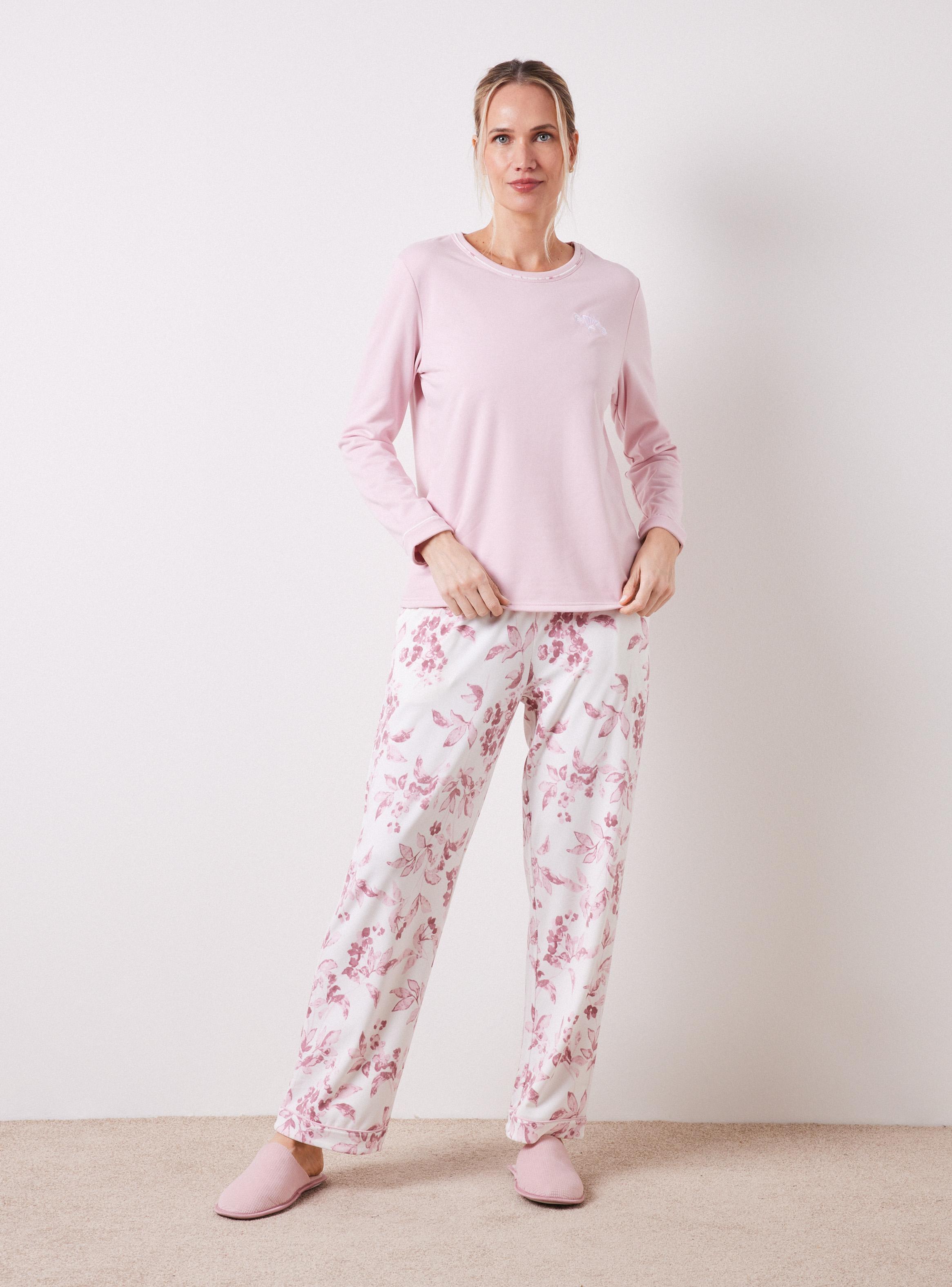 Pijama Polera Manga Larga Color y Pantalón Estampado-4