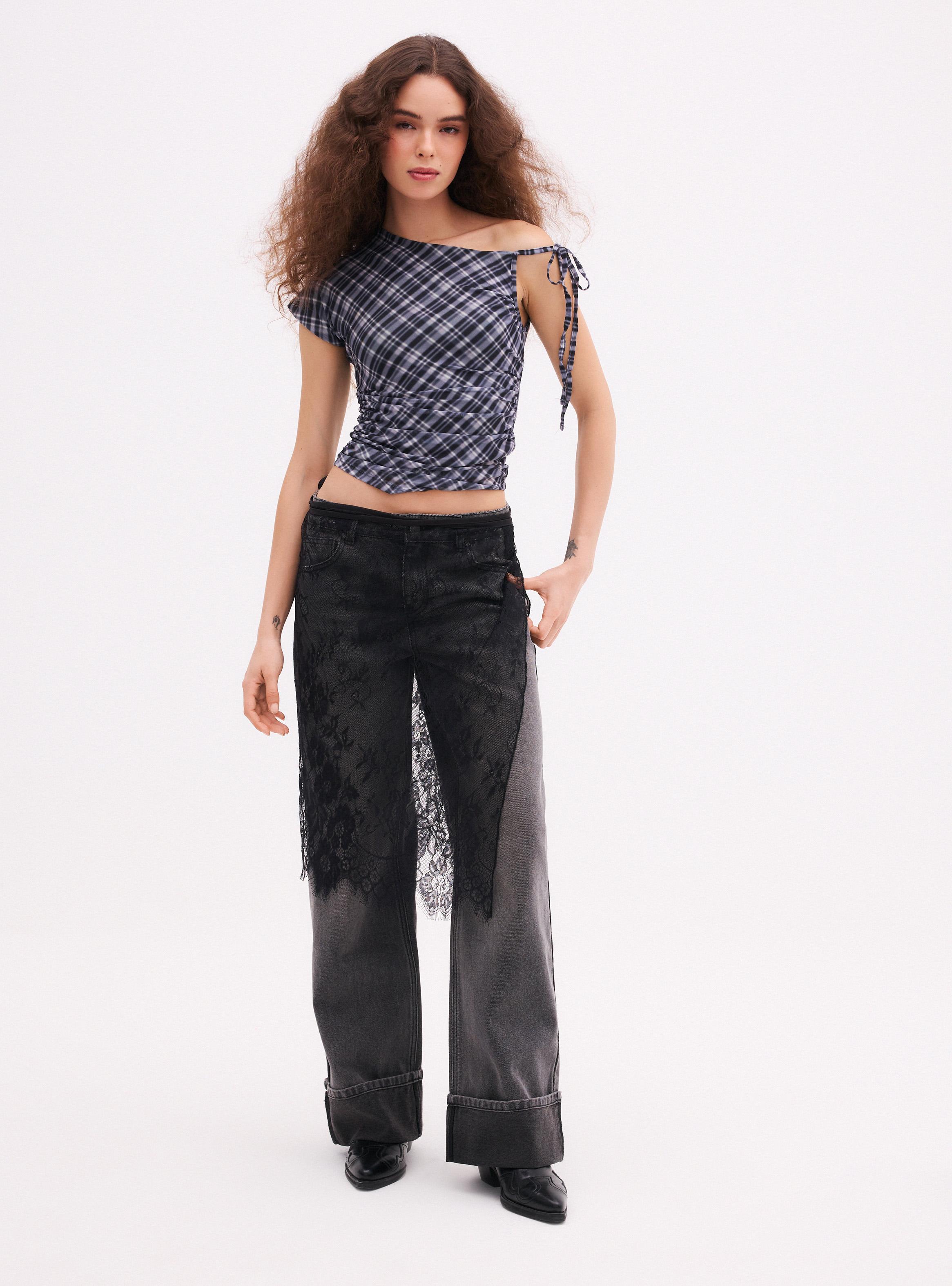 Jeans Baggy Tiro Medio con Encaje Decorativo-4