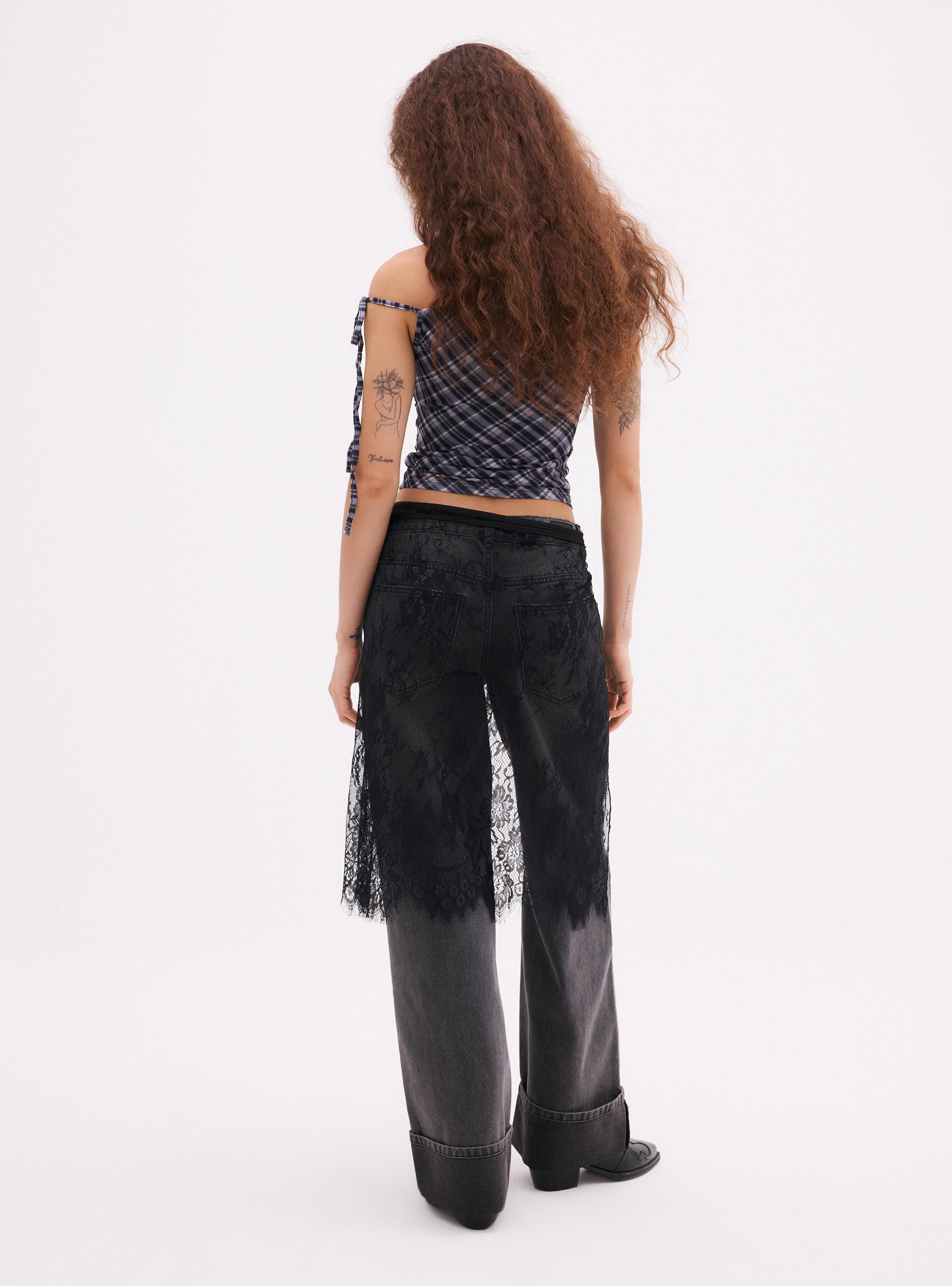 Jeans Baggy Tiro Medio con Encaje Decorativo-5