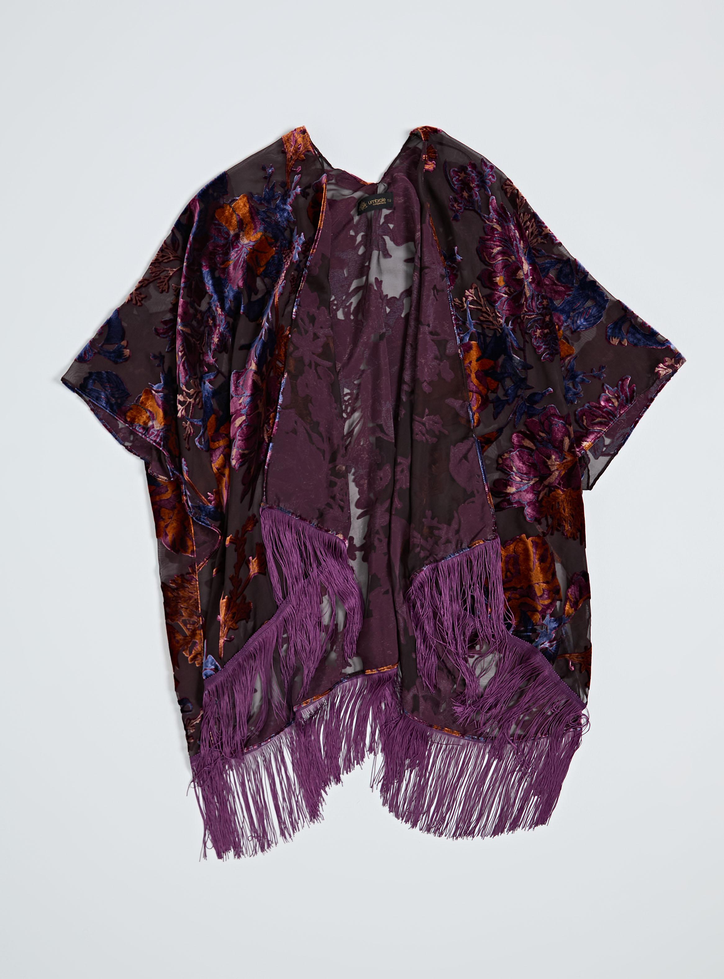 Kimono con Detalle Floral y Flecos-0
